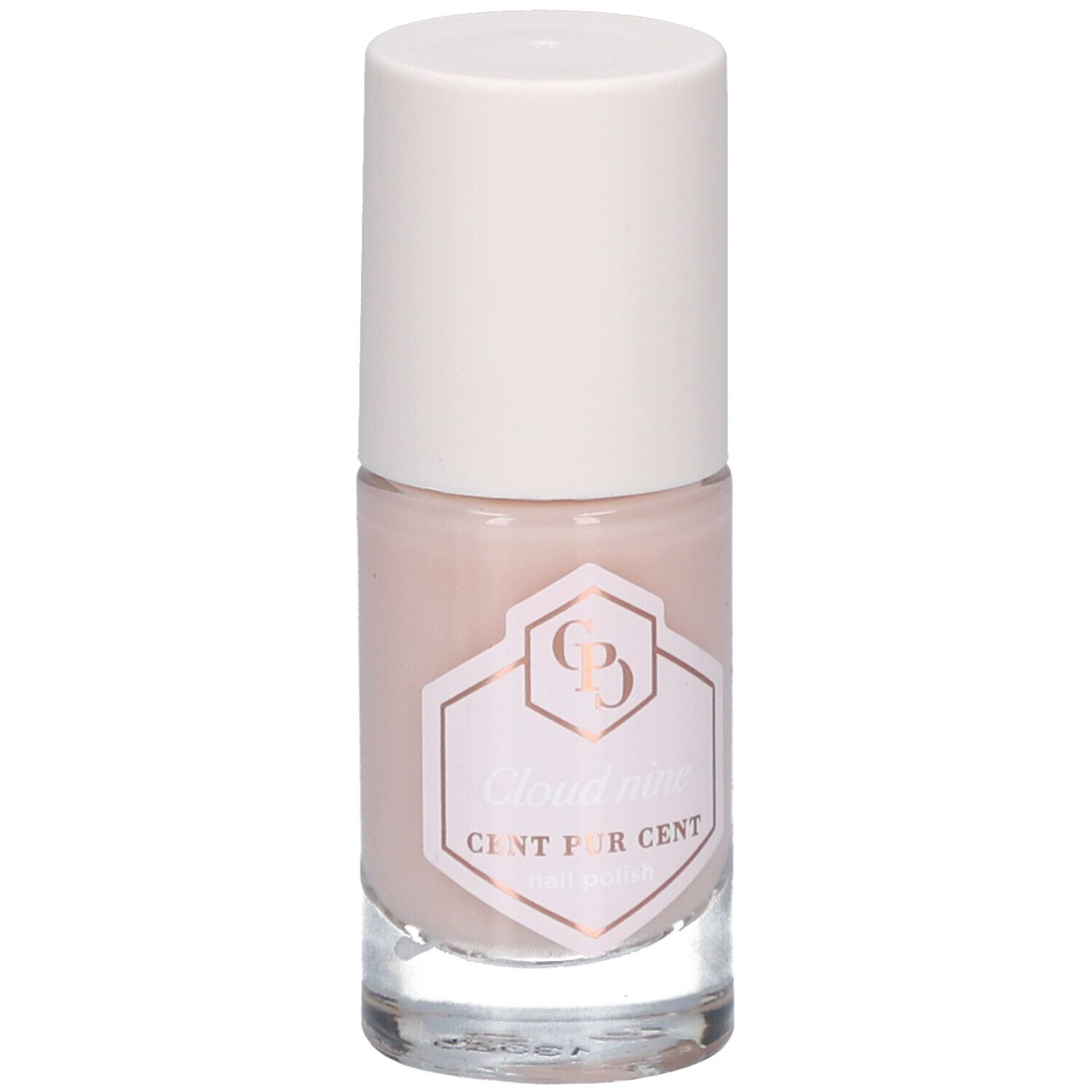 Nagellakflesje met roze inhoud en witte dop. Op het etiket staat "Cloud nine CENT PUR CENT".