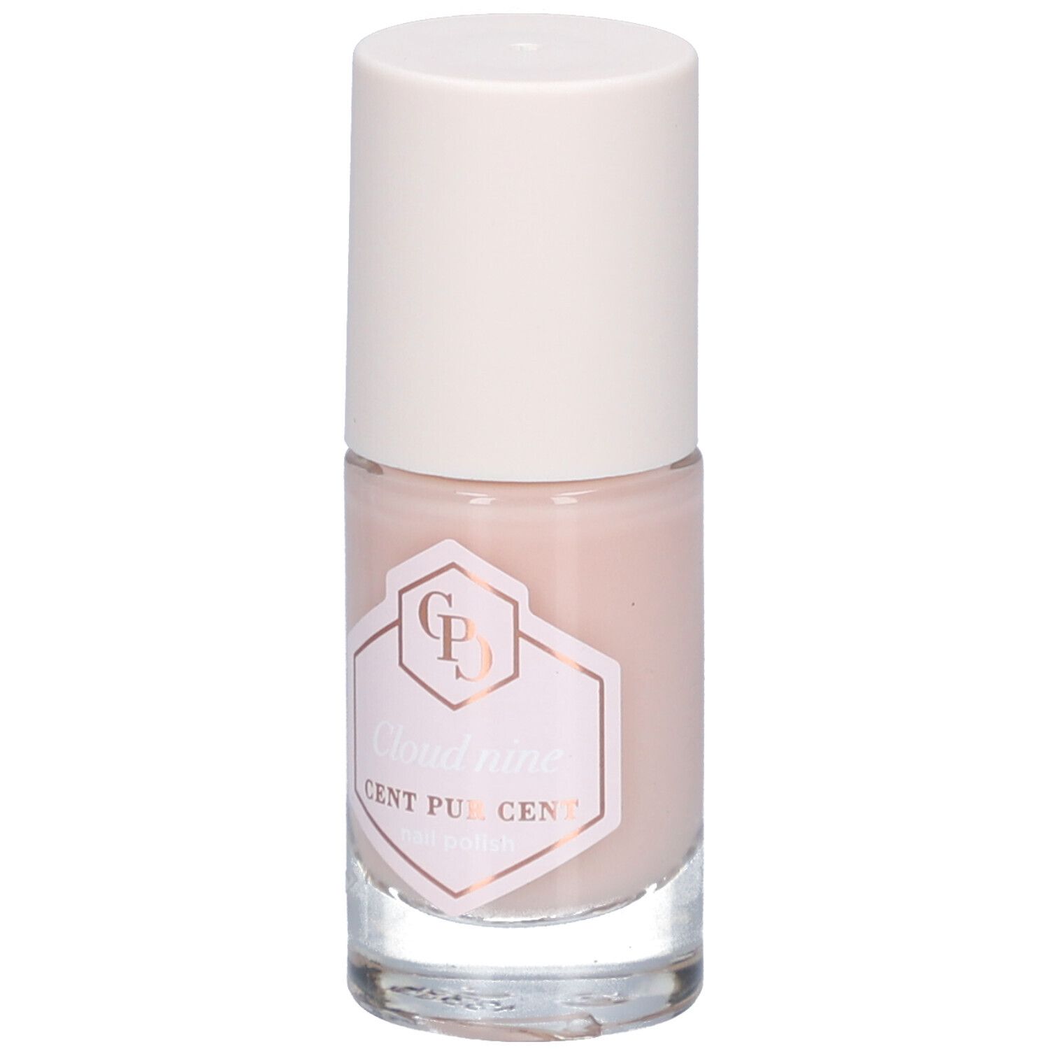 Nagellakflesje met roze inhoud en witte dop. Op het etiket staat "Cloud nine CENT PUR CENT".