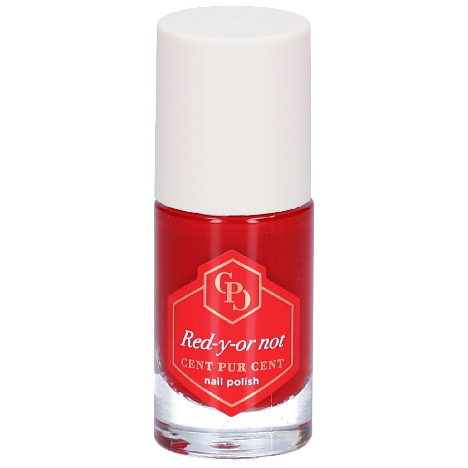 Rode nagellakfles met witte dop. Etiket met productnaam en logo.