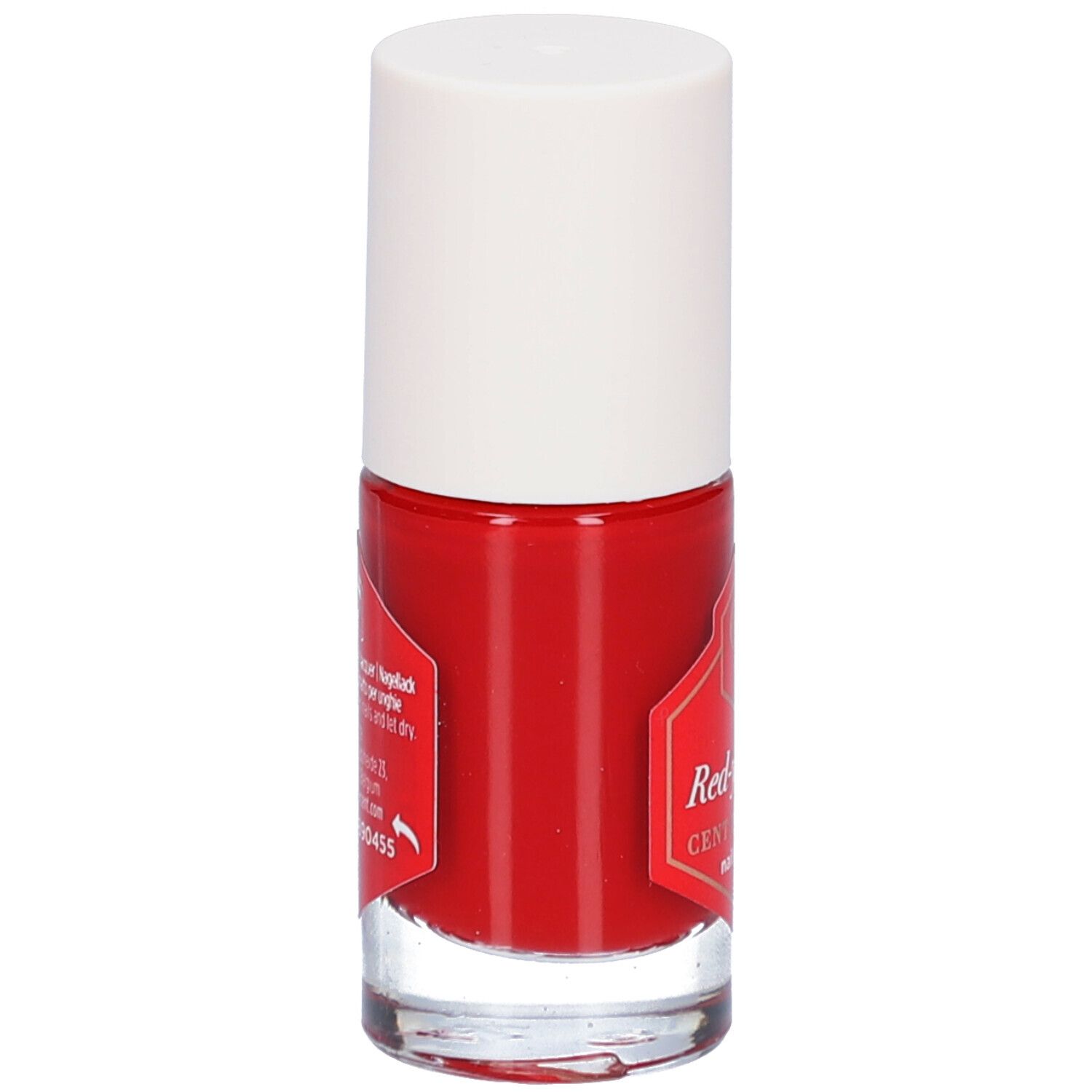 Rode nagellakfles met witte dop. Etiket met productinformatie.