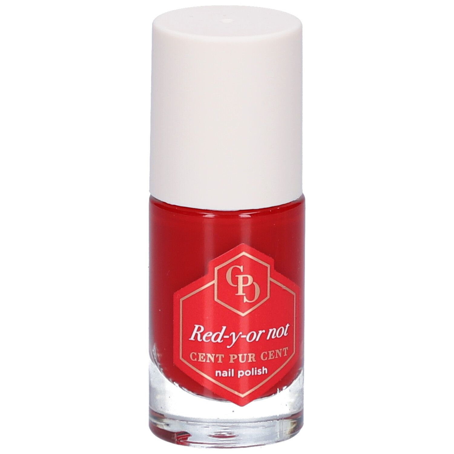 Rode nagellakfles met witte dop. Etiket met productnaam en logo.