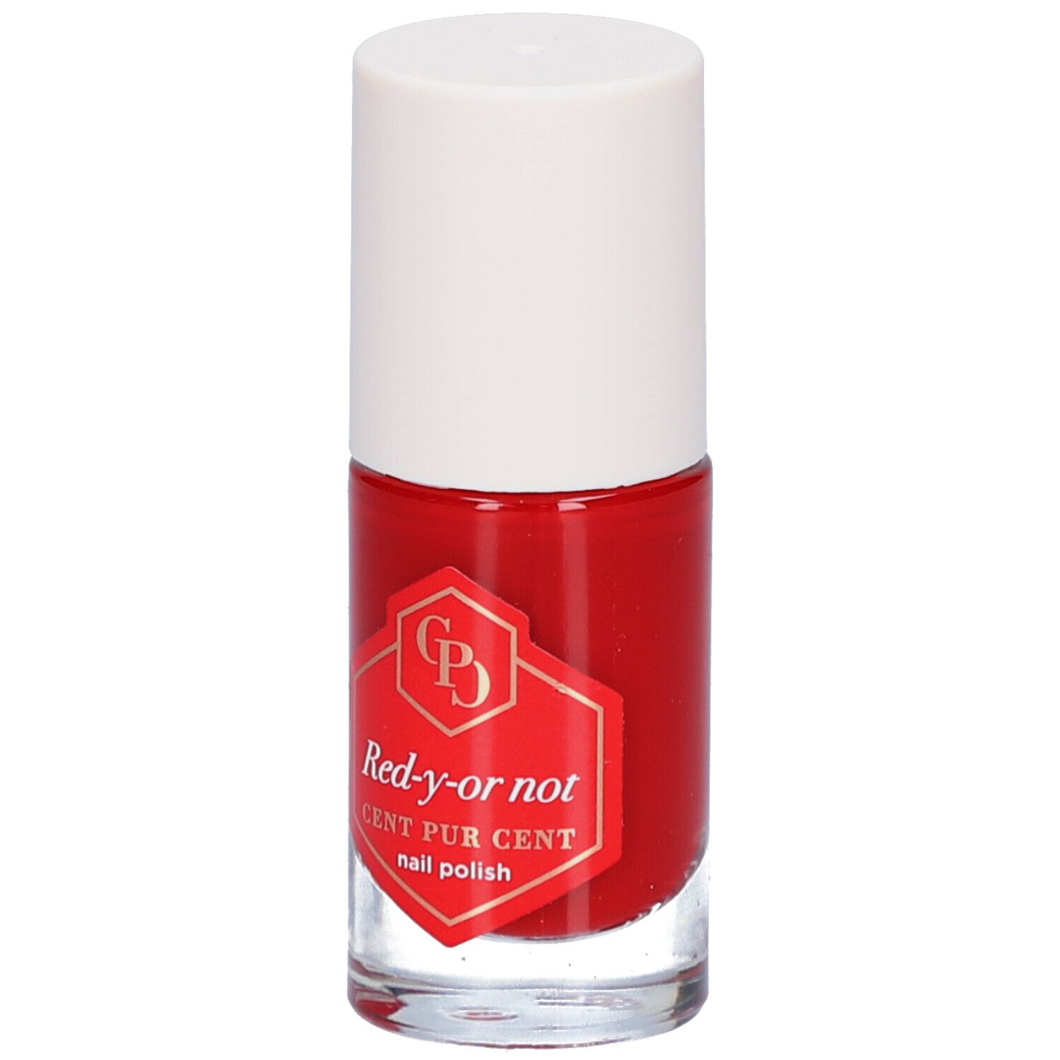 Rode nagellakfles met witte dop. Etiket met productnaam en logo.