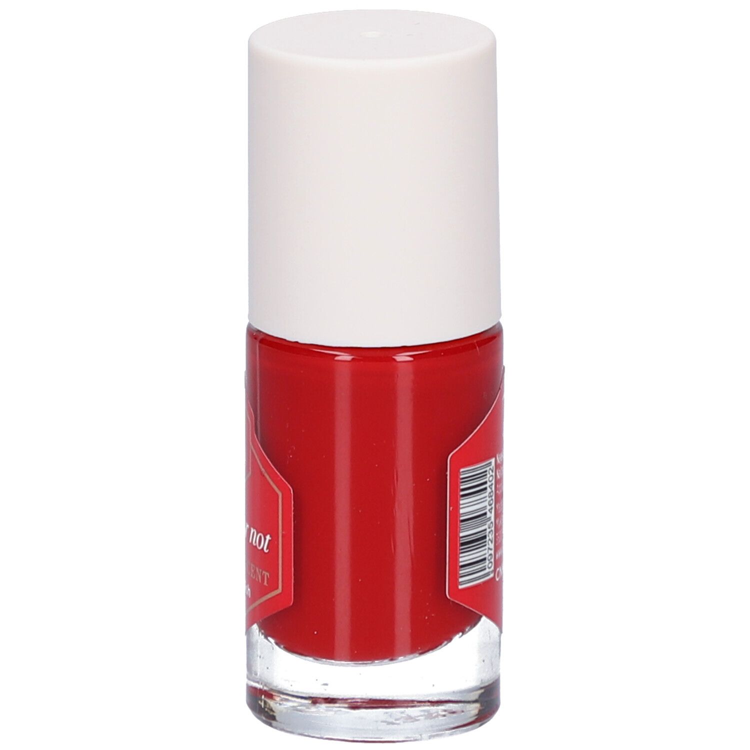 Rode nagellakfles met witte dop. Etiket met productinfo en barcode.