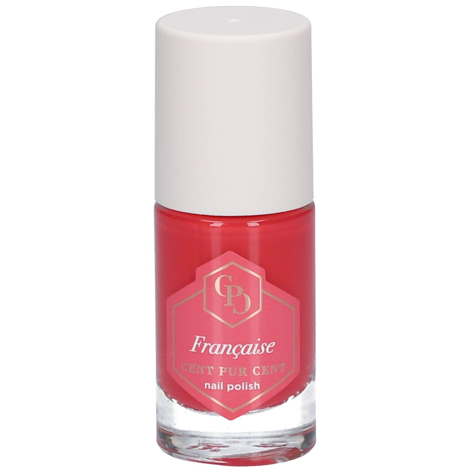Flacon de vernis à ongles rouge avec bouchon blanc. Étiquette avec logo et texte: Française, CENT PUR CENT nail polish.