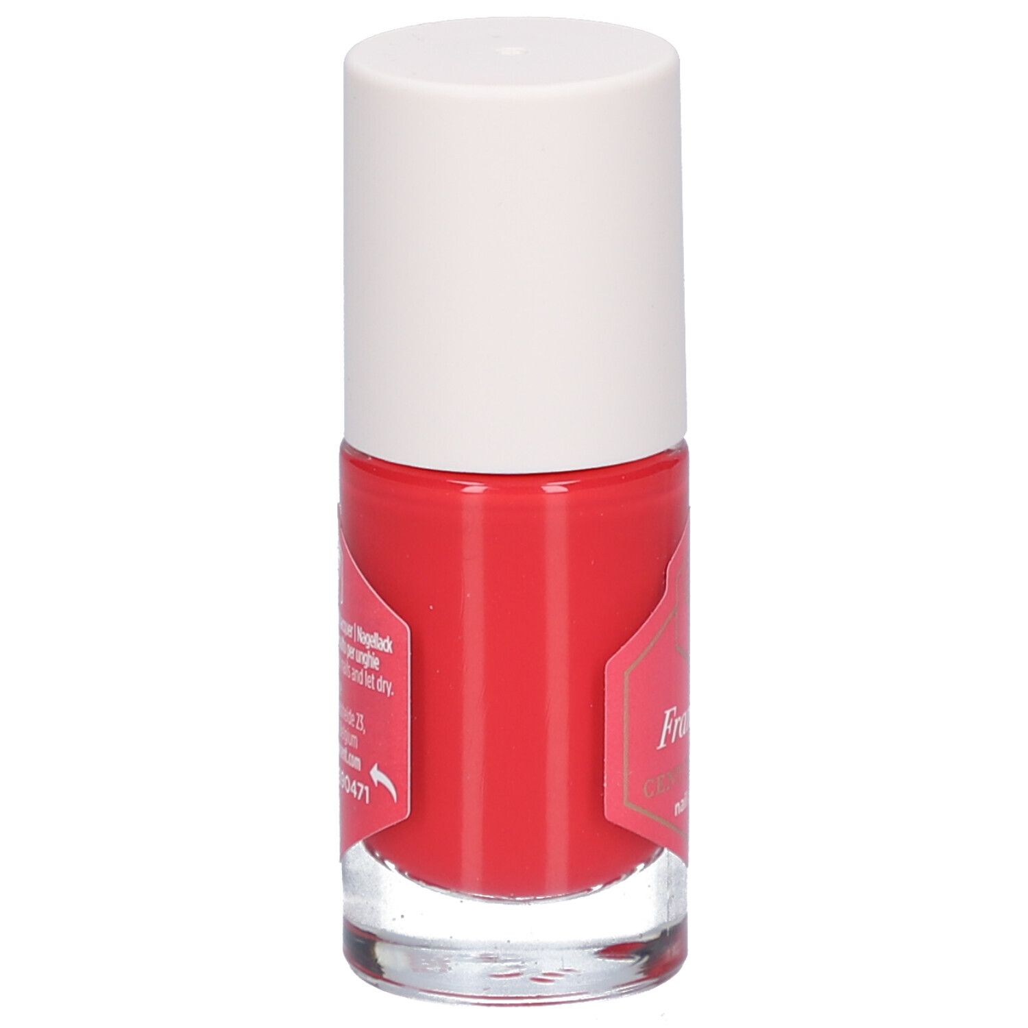 Flacon de vernis à ongles rouge avec bouchon blanc. Étiquette avec texte et logo. Dos avec texte et code-barres.