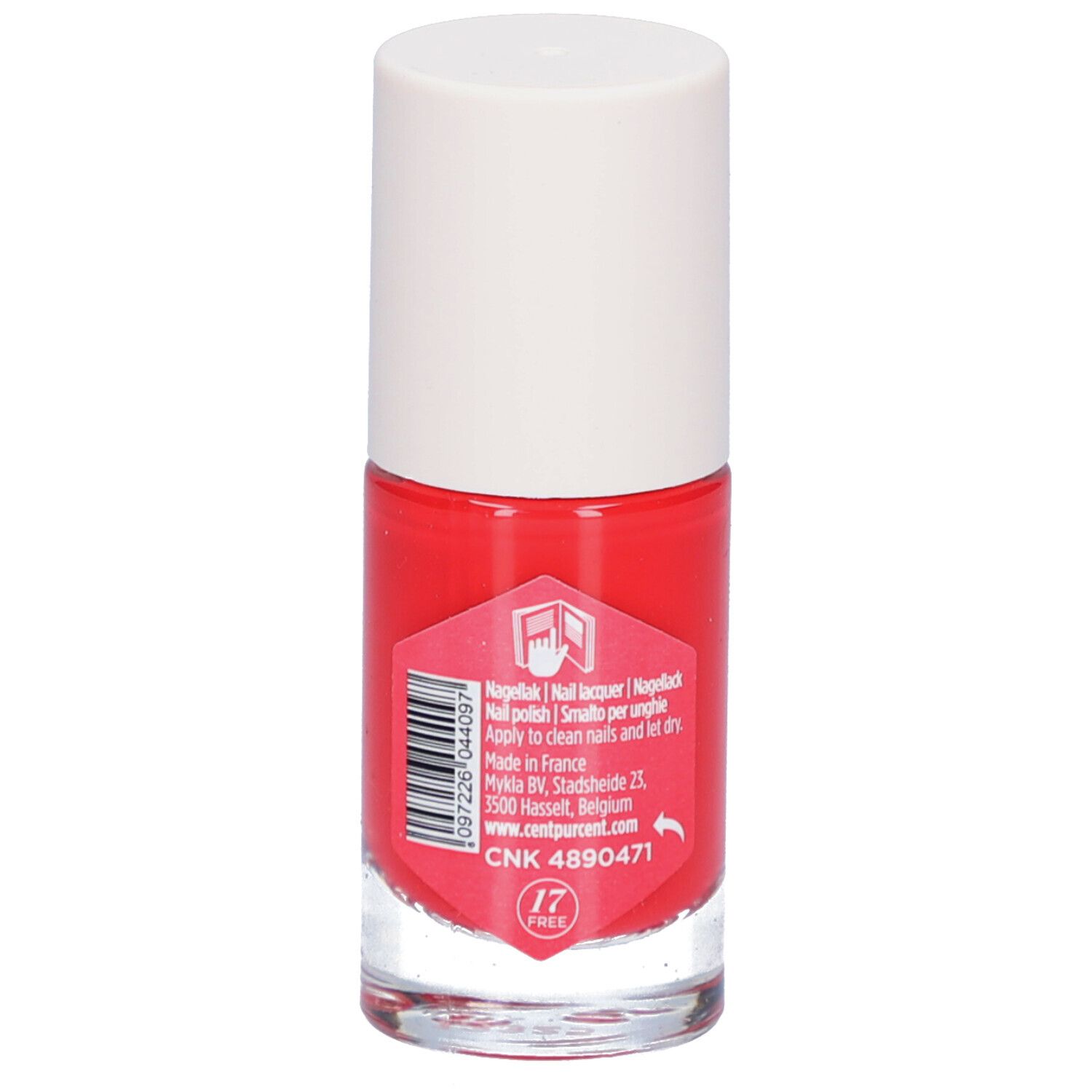 Dos du flacon de vernis à ongles rouge avec bouchon blanc. Texte et code-barres sur l'étiquette.