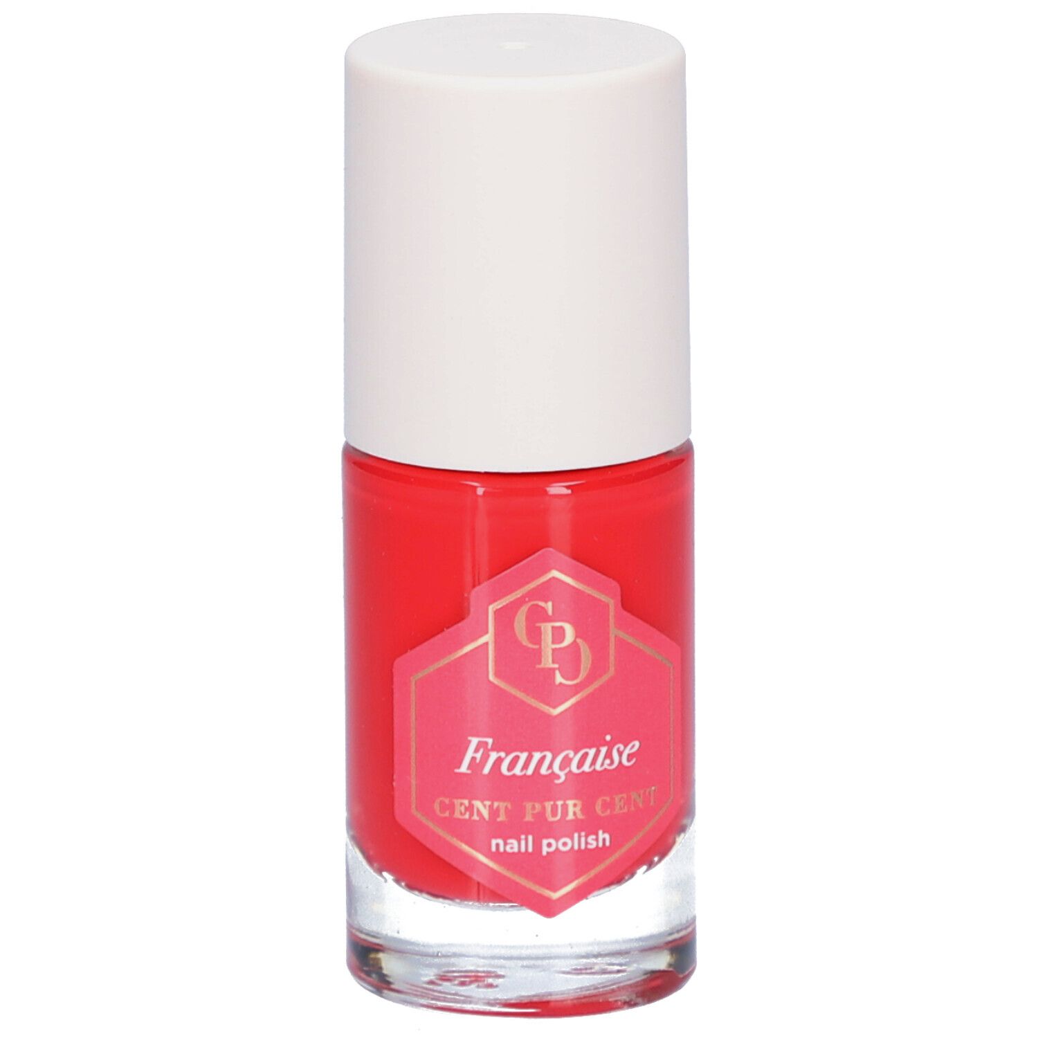 Flacon de vernis à ongles rouge avec bouchon blanc. Étiquette avec logo et texte: Française, CENT PUR CENT nail polish.