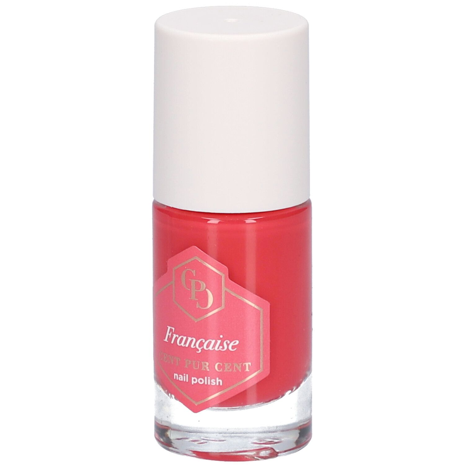 Flacon de vernis à ongles rouge avec bouchon blanc. Étiquette avec logo et texte: Française, CENT PUR CENT nail polish.