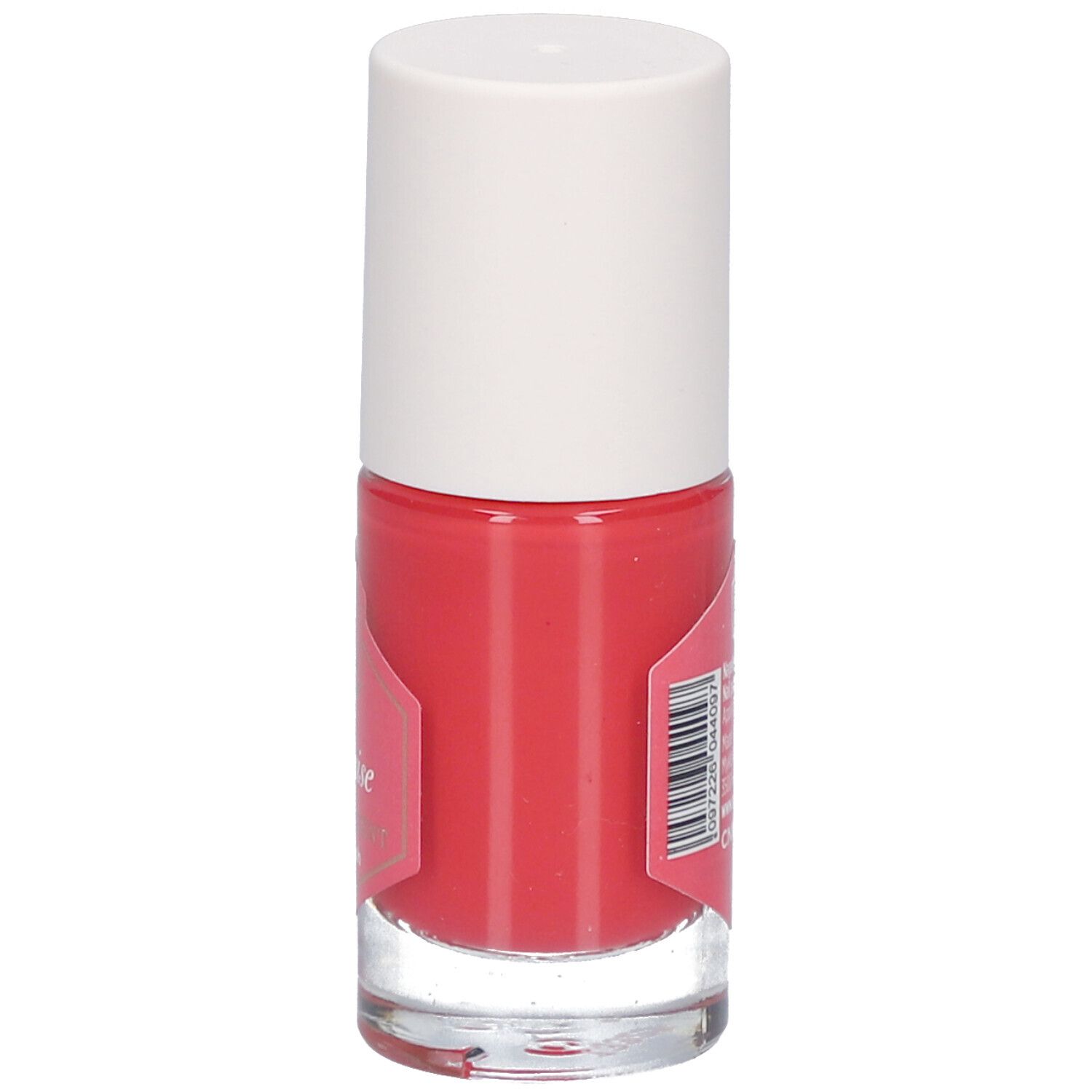 Flacon de vernis à ongles rouge avec bouchon blanc. Étiquette avec texte et code-barres.