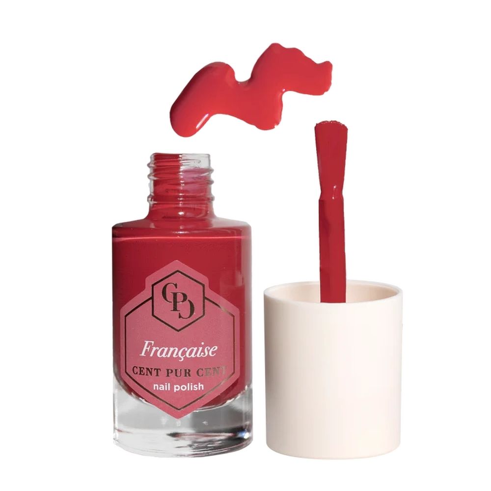 Cent pur Cent nagellak 'Cerise sur le Gâteau', flesje en kwastje met kleurdruppel. Donkerrode kleur.