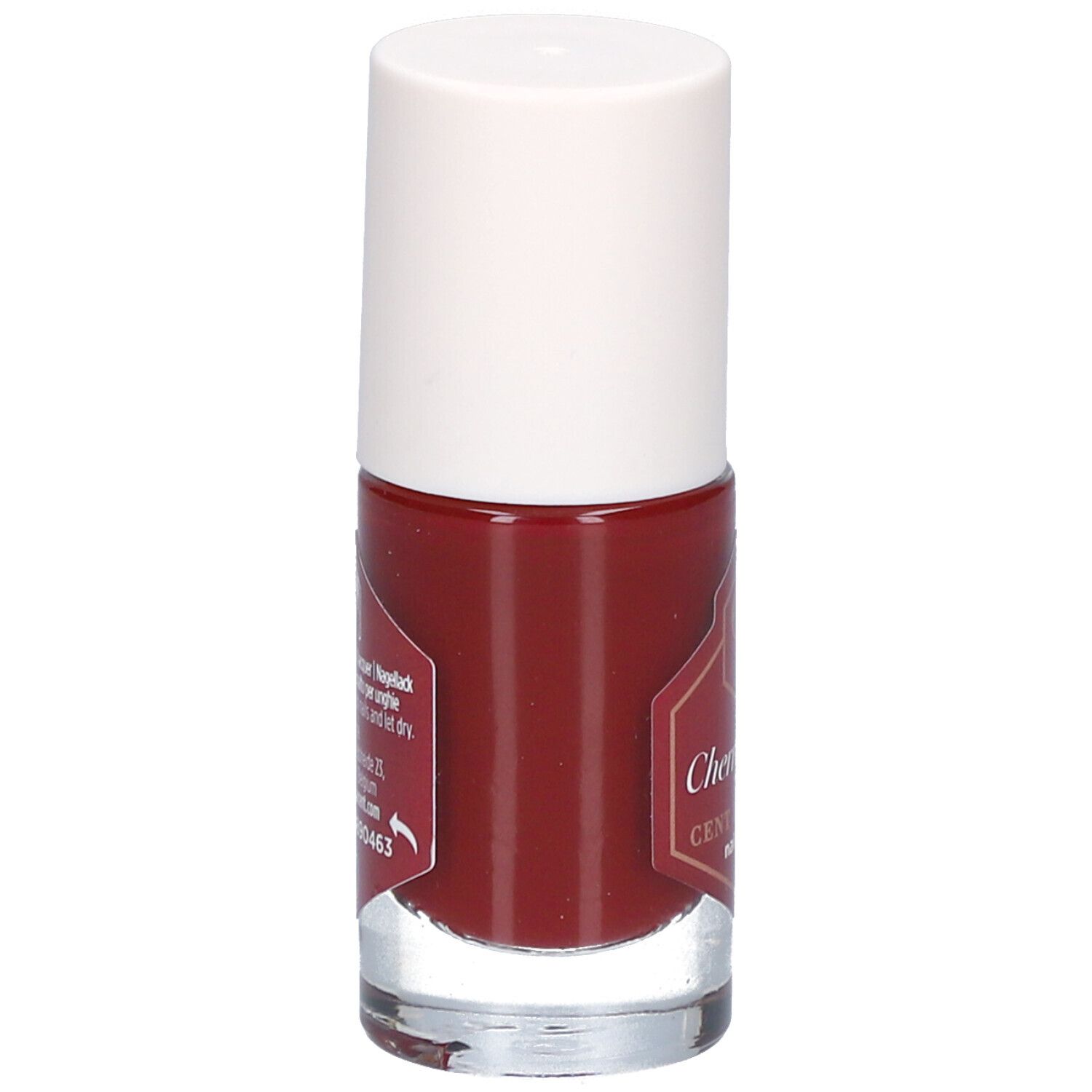 Flacon de vernis à ongles rouge avec bouchon blanc. L'étiquette affiche des informations et un code-barres.