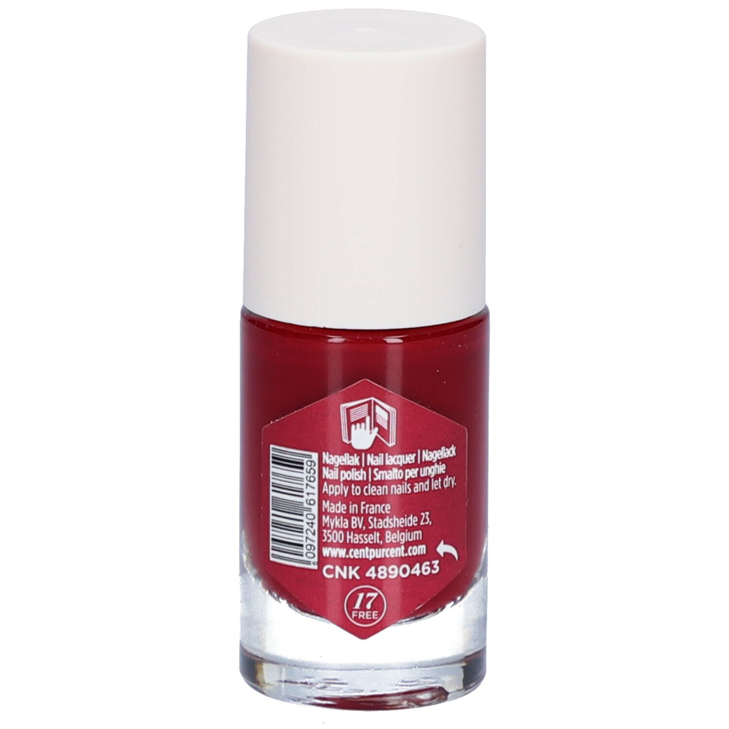 Flacon de vernis à ongles rouge avec bouchon blanc. Étiquette avec informations, code-barres et "17 FREE".
