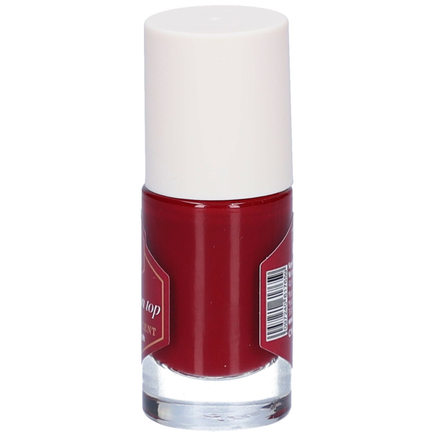 Flacon de vernis à ongles rouge avec bouchon blanc. L'étiquette affiche des informations et un code-barres.