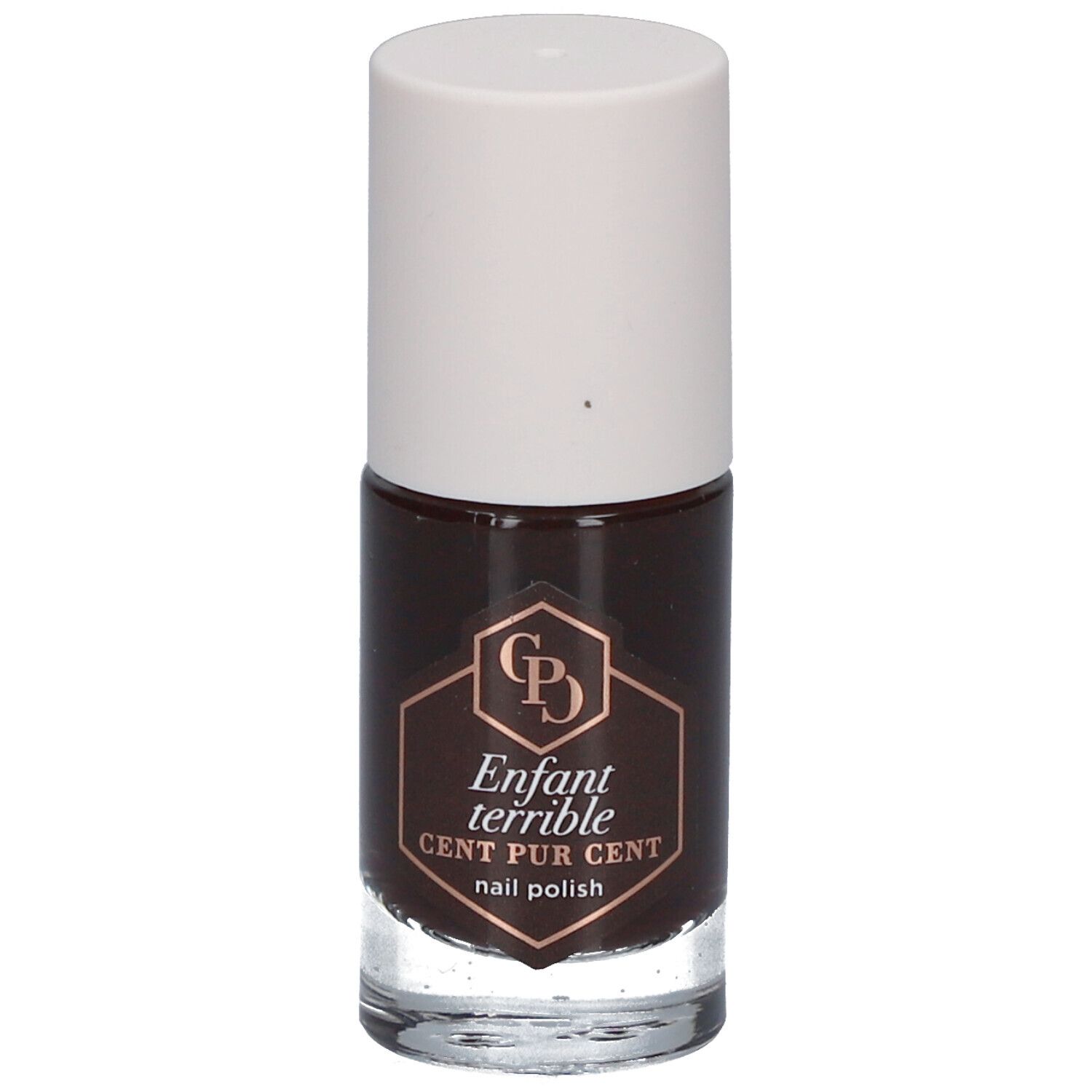 Flacon de vernis à ongles marron avec bouchon blanc. Inscription : Enfant terrible, Cent Pur Cent.