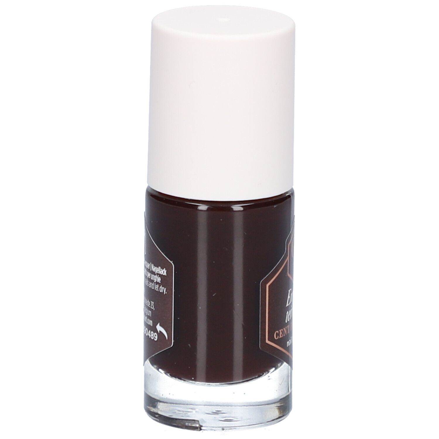 Flacon de vernis à ongles marron avec bouchon blanc. Texte et logo sur le côté.