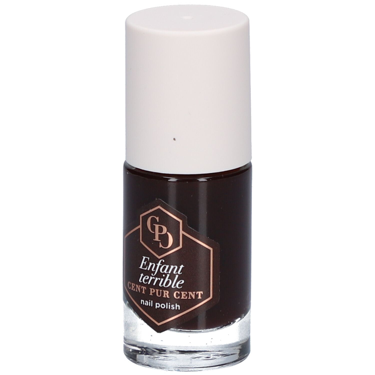 Flacon de vernis à ongles marron avec bouchon blanc. Inscription : Enfant terrible, Cent Pur Cent.