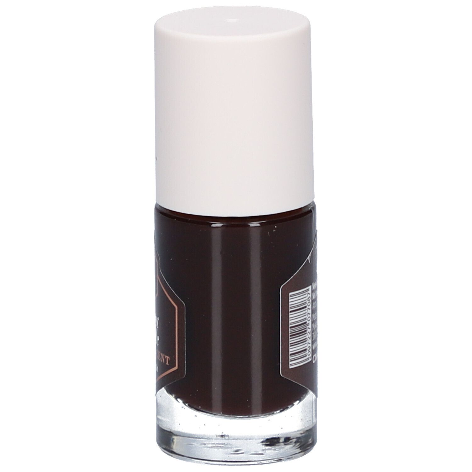 Flacon de vernis à ongles marron avec bouchon blanc. Texte et code-barres sur le côté.