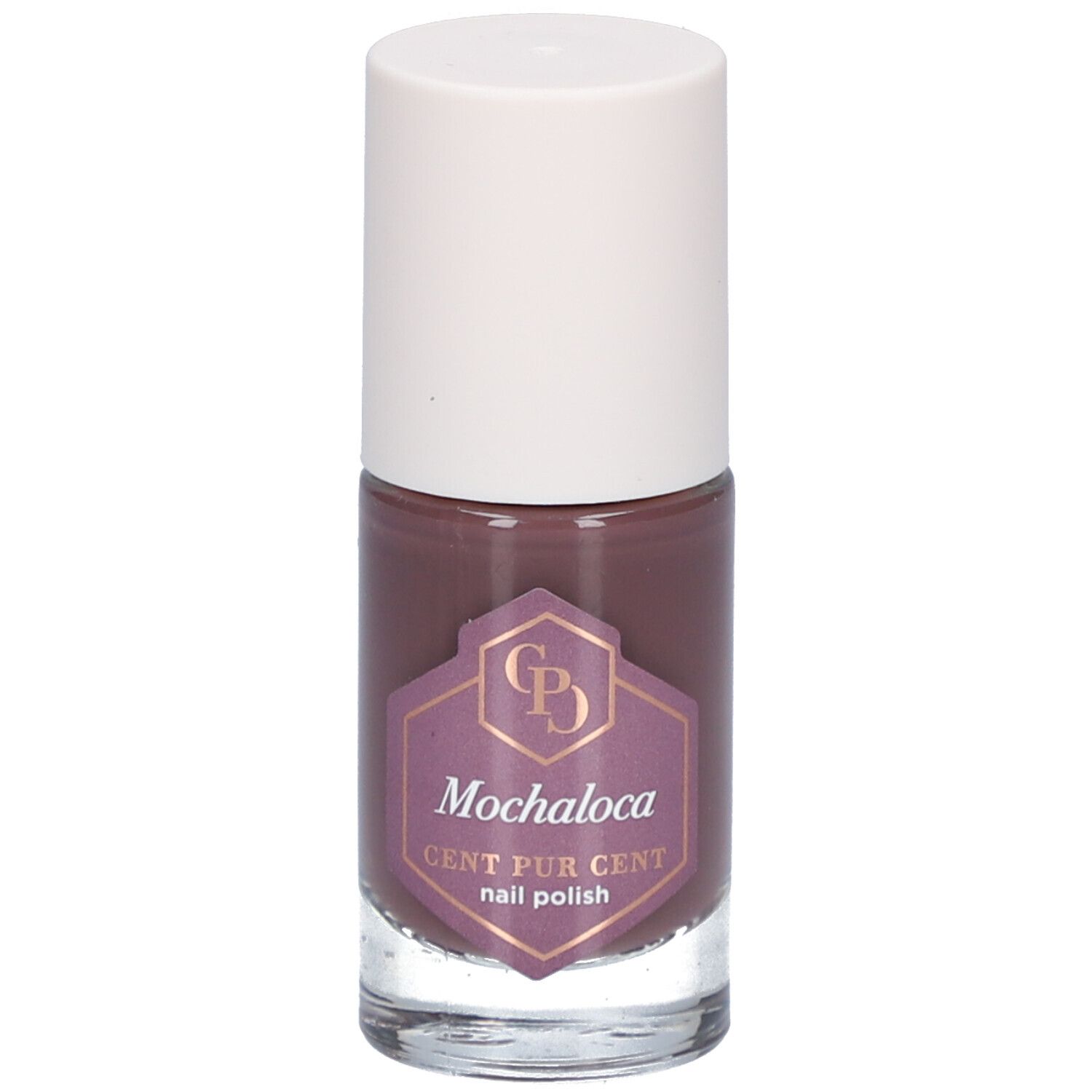 Flacon de vernis à ongles marron avec bouchon blanc. Étiquette avec le nom du produit Mochaloca et la marque Cent Pur Cent.