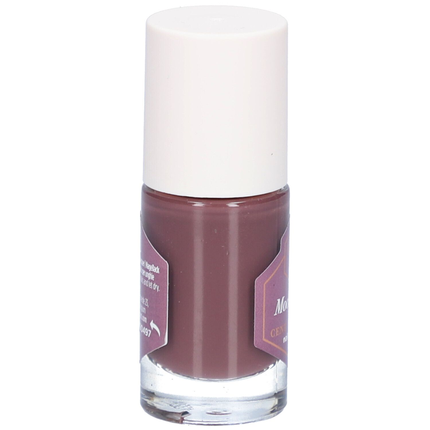 Flacon de vernis à ongles marron avec bouchon blanc. Étiquette avec informations produit et marque Cent Pur Cent.