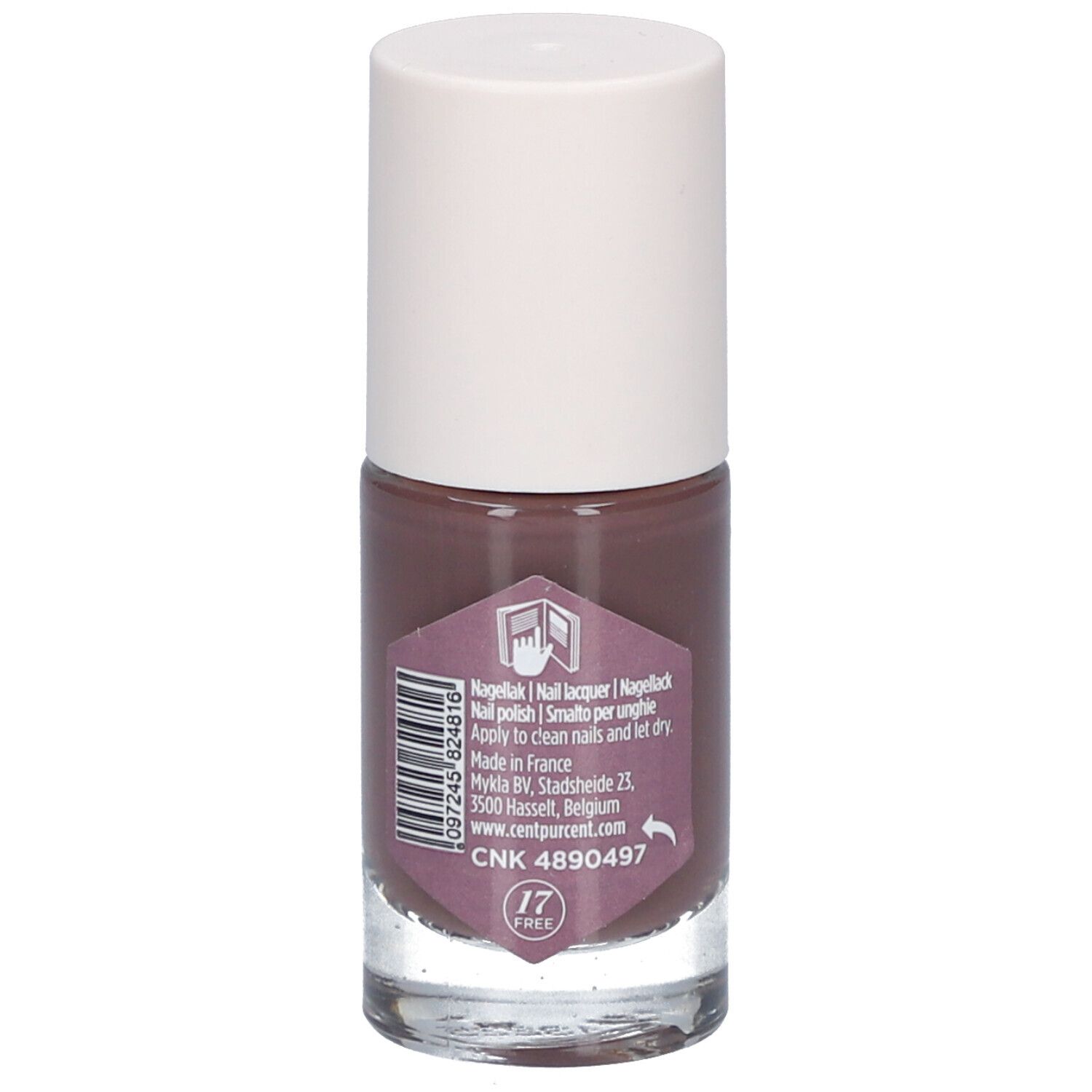 Dos d'un flacon de vernis à ongles. Étiquette avec informations produit, ingrédients et marque Cent Pur Cent.