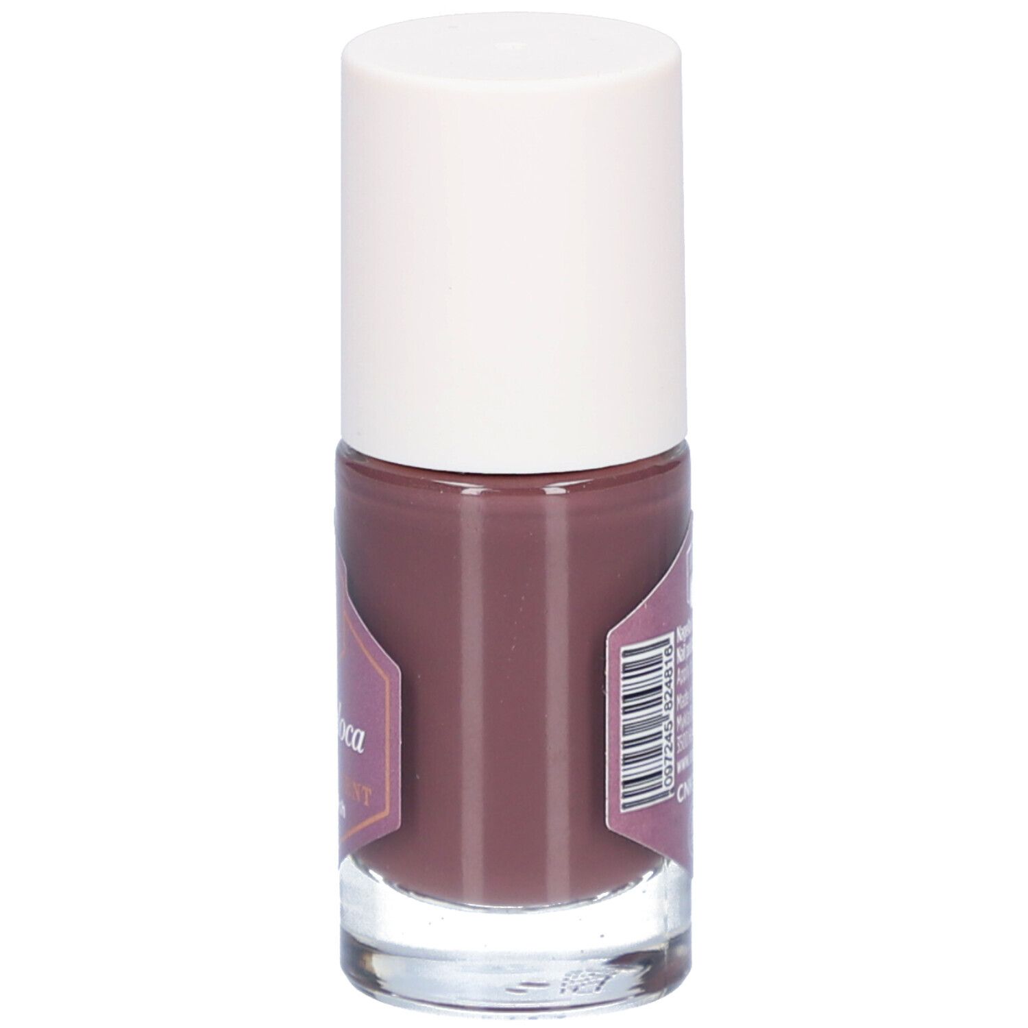 Flacon de vernis à ongles marron avec bouchon blanc. Étiquette avec informations produit et marque Cent Pur Cent.