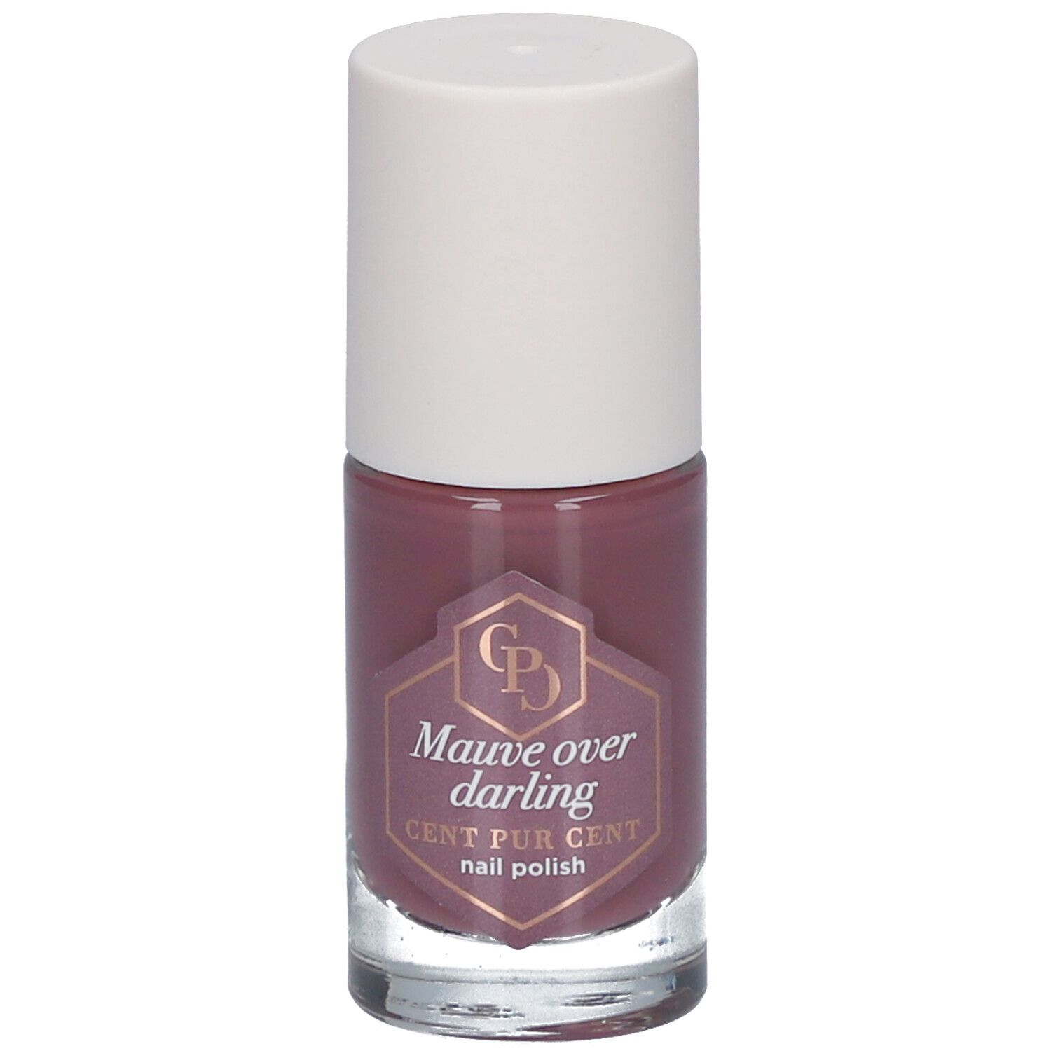 Flacon de vernis à ongles avec bouchon blanc. L'étiquette indique "Mauve over darling" et "CENT PUR CENT nail polish".