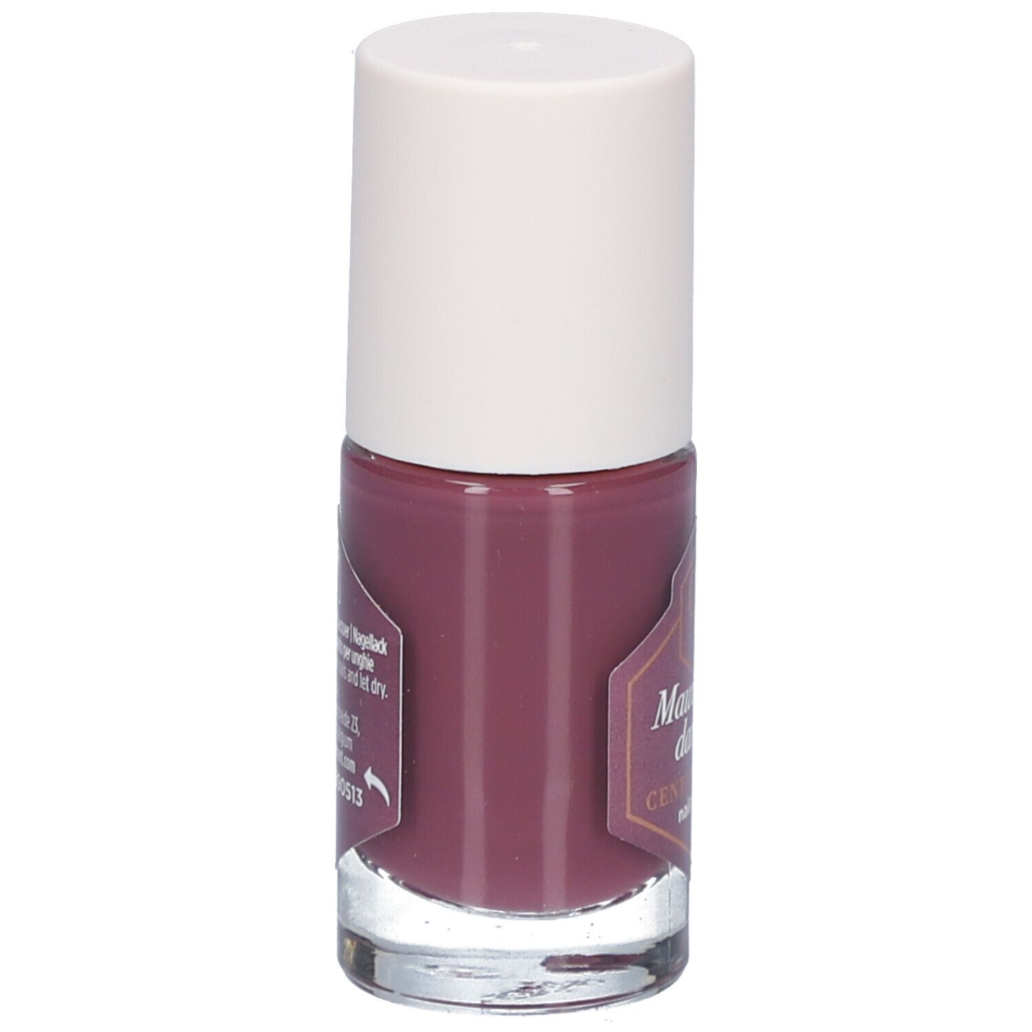 Flacon de vernis à ongles avec bouchon blanc. L'étiquette indique "Mauve over darling" et "CENT PUR CENT nail polish".