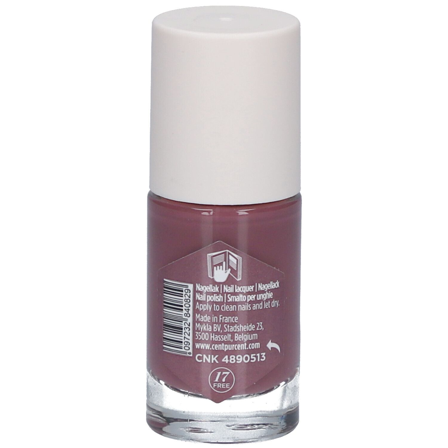 Flacon de vernis à ongles avec bouchon blanc. Dos avec texte et code-barres. Contient des informations d'utilisation.