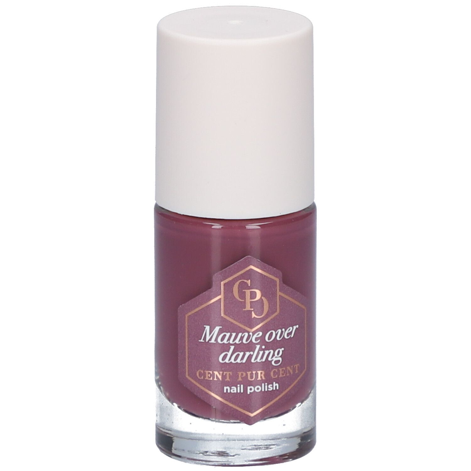 Flacon de vernis à ongles avec bouchon blanc. L'étiquette indique "Mauve over darling" et "CENT PUR CENT nail polish".
