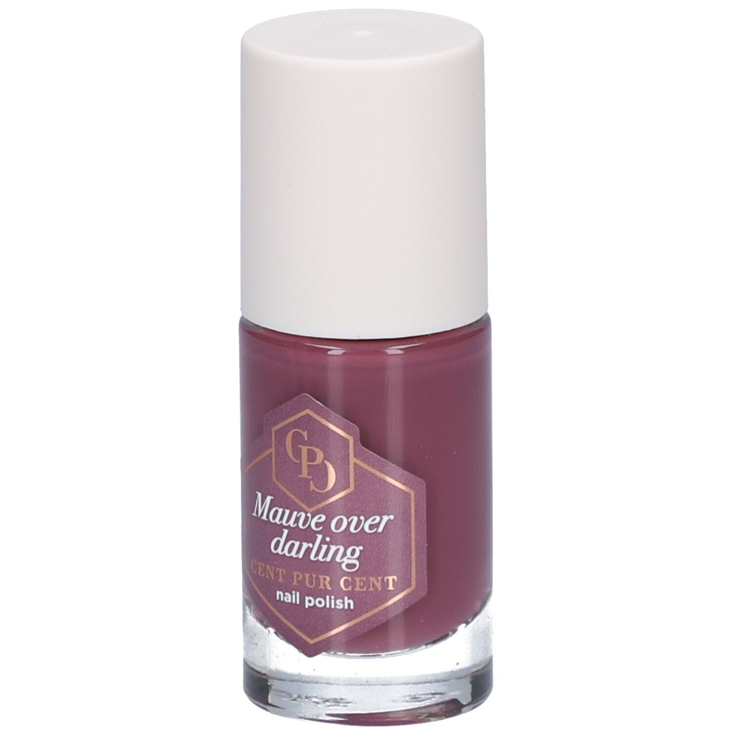 Flacon de vernis à ongles avec bouchon blanc. L'étiquette indique "Mauve over darling" et "CENT PUR CENT nail polish".