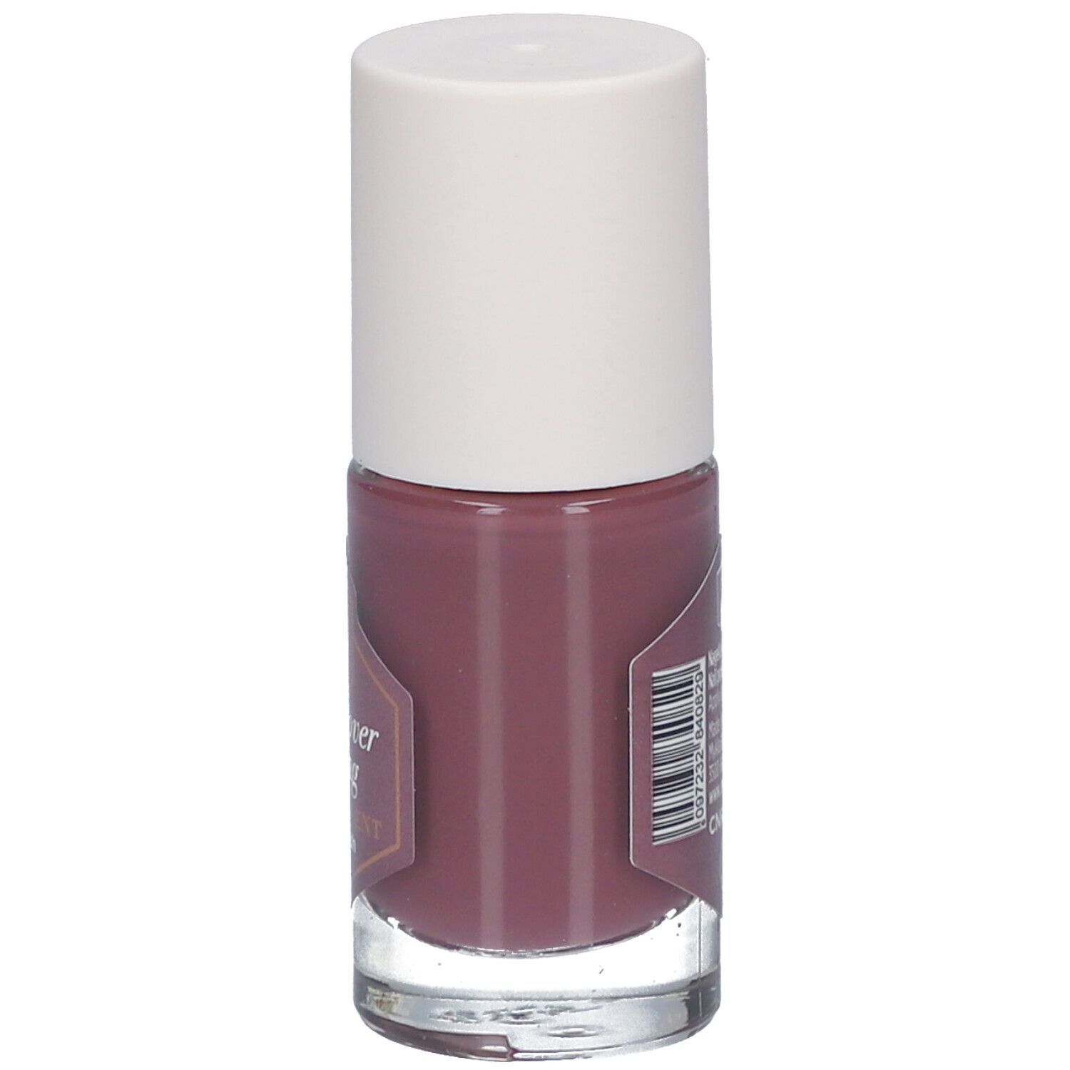 Flacon de vernis à ongles avec bouchon blanc. L'étiquette contient du texte et un code-barres.