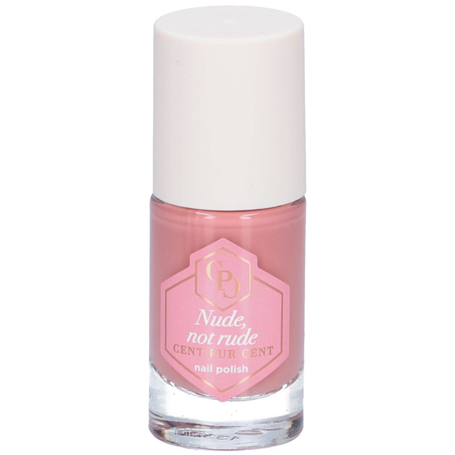 Flacon de vernis à ongles rose avec bouchon blanc. Étiquette avec texte: Nude, not rude, Cent Pur Cent.
