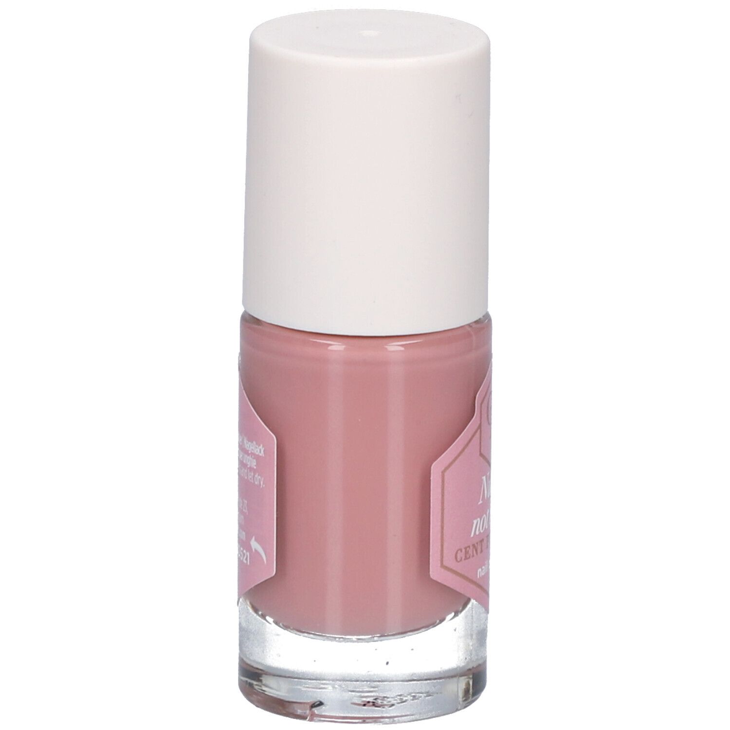 Flacon de vernis à ongles rose avec bouchon blanc. Dos avec texte et code-barres.