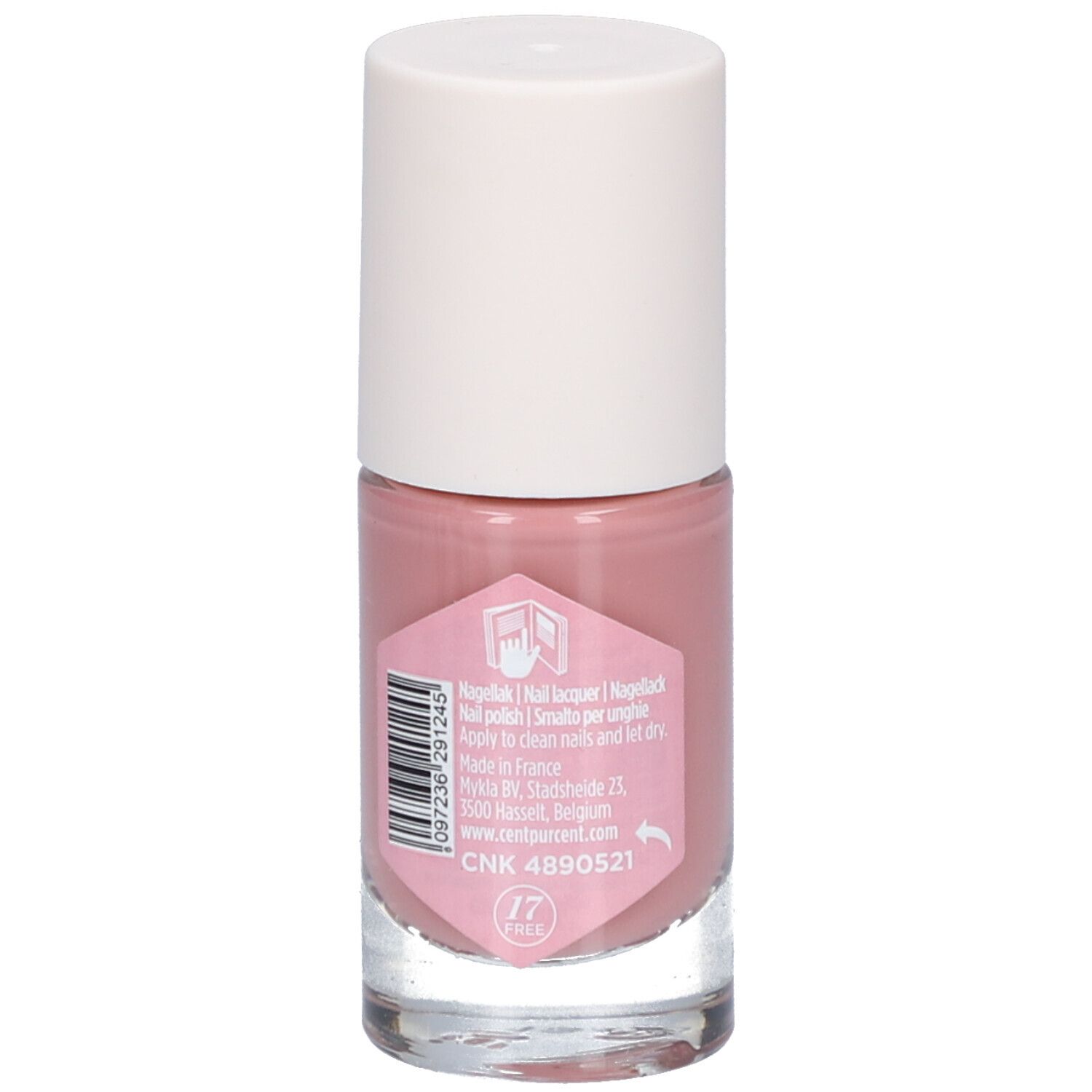 Flacon de vernis à ongles rose avec bouchon blanc. Dos avec texte, code-barres et numéro 17.