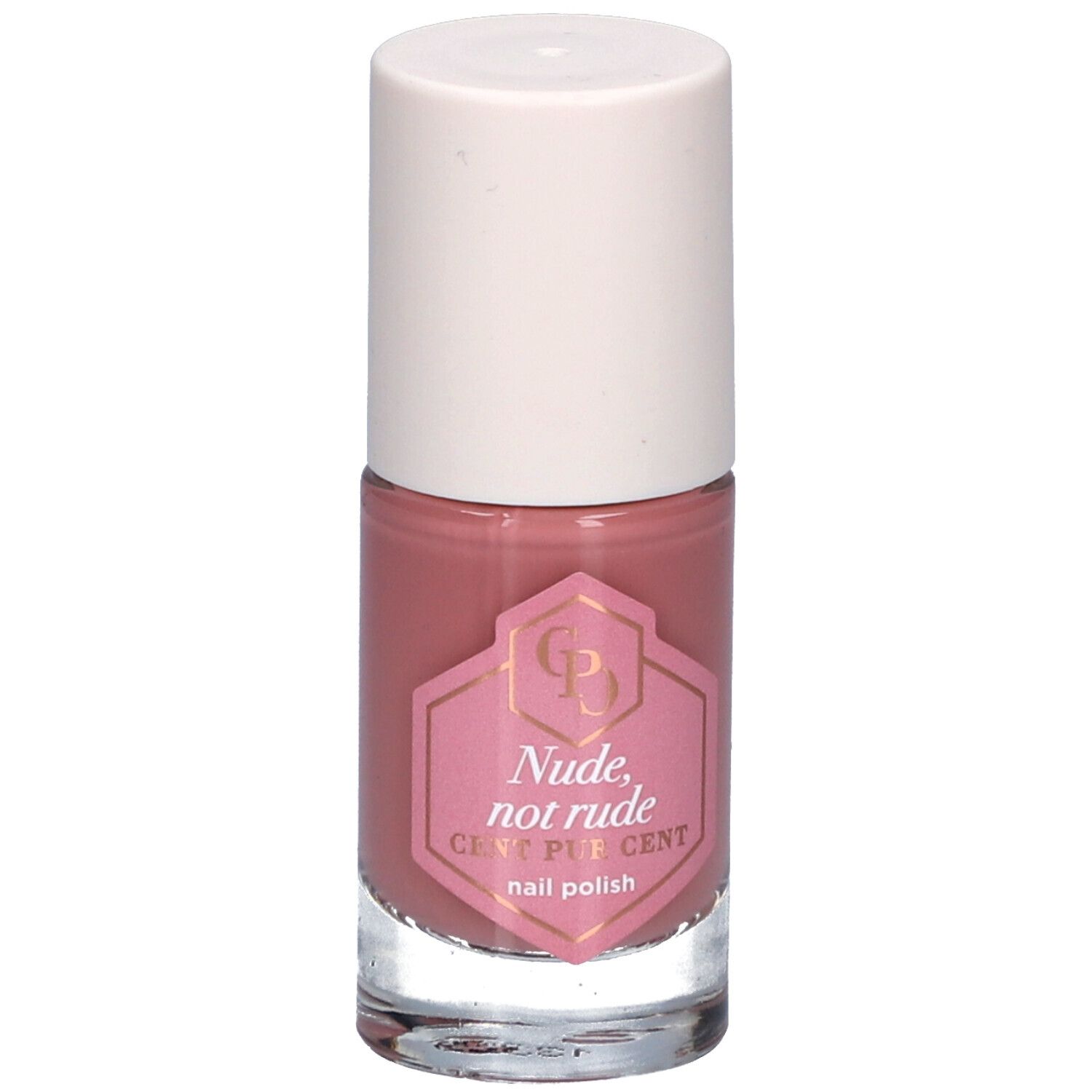 Flacon de vernis à ongles rose avec bouchon blanc. Étiquette avec texte: Nude, not rude, Cent Pur Cent.