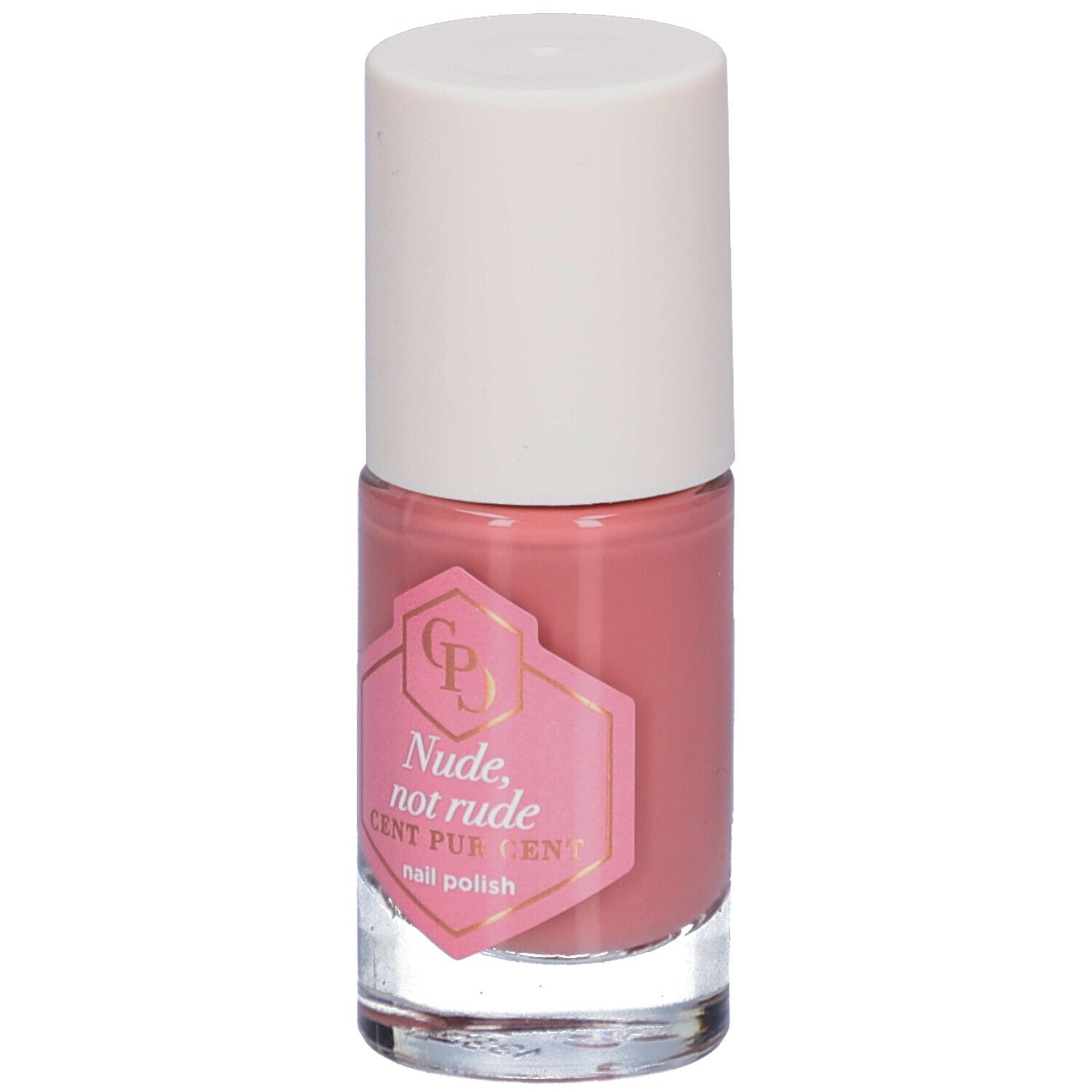 Flacon de vernis à ongles rose avec bouchon blanc. Étiquette avec texte: Nude, not rude, Cent Pur Cent.
