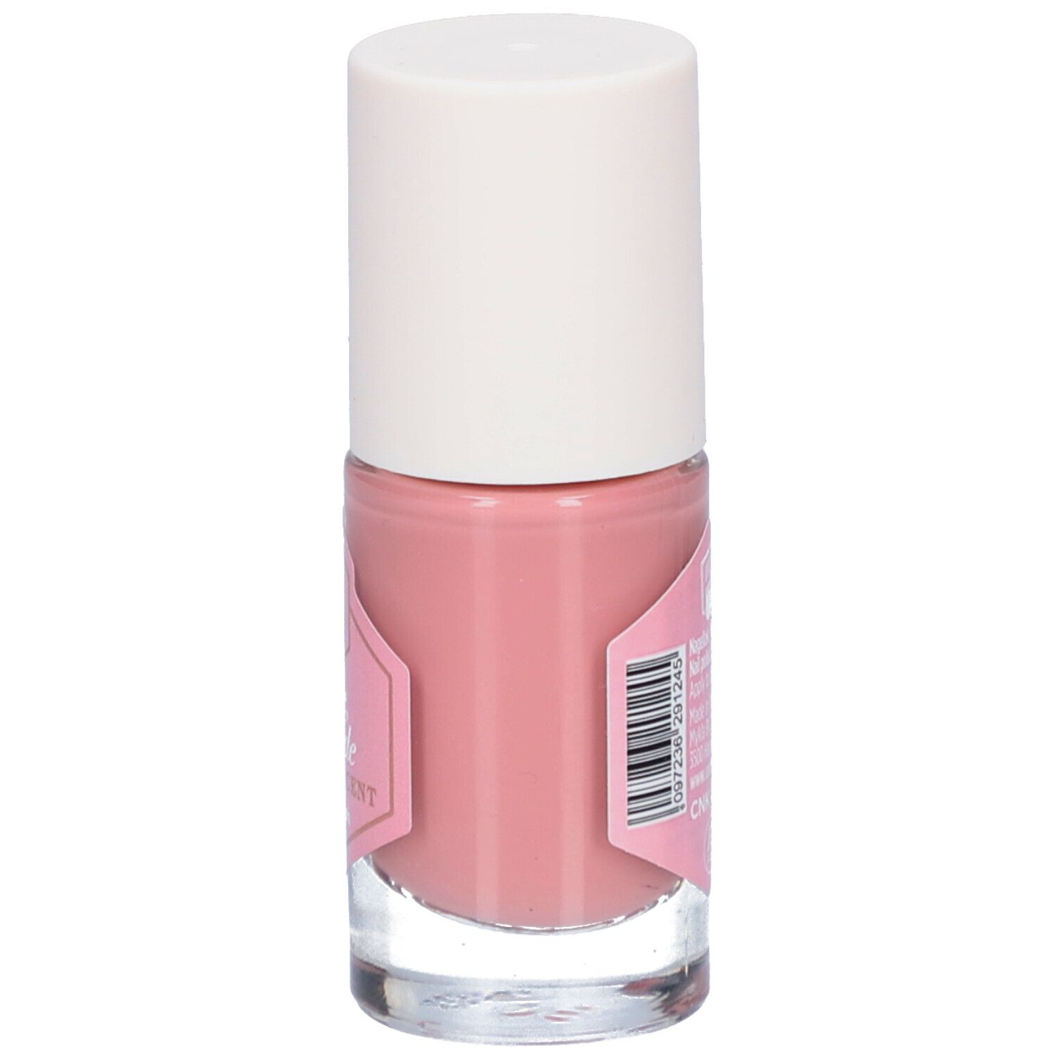 Flacon de vernis à ongles rose avec bouchon blanc. Dos avec texte et code-barres.