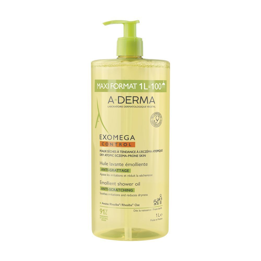 A-Derma EXOMEGA Control wasolie. Fles met groene pomp. Opschrift: Maxi Format 1L-100+