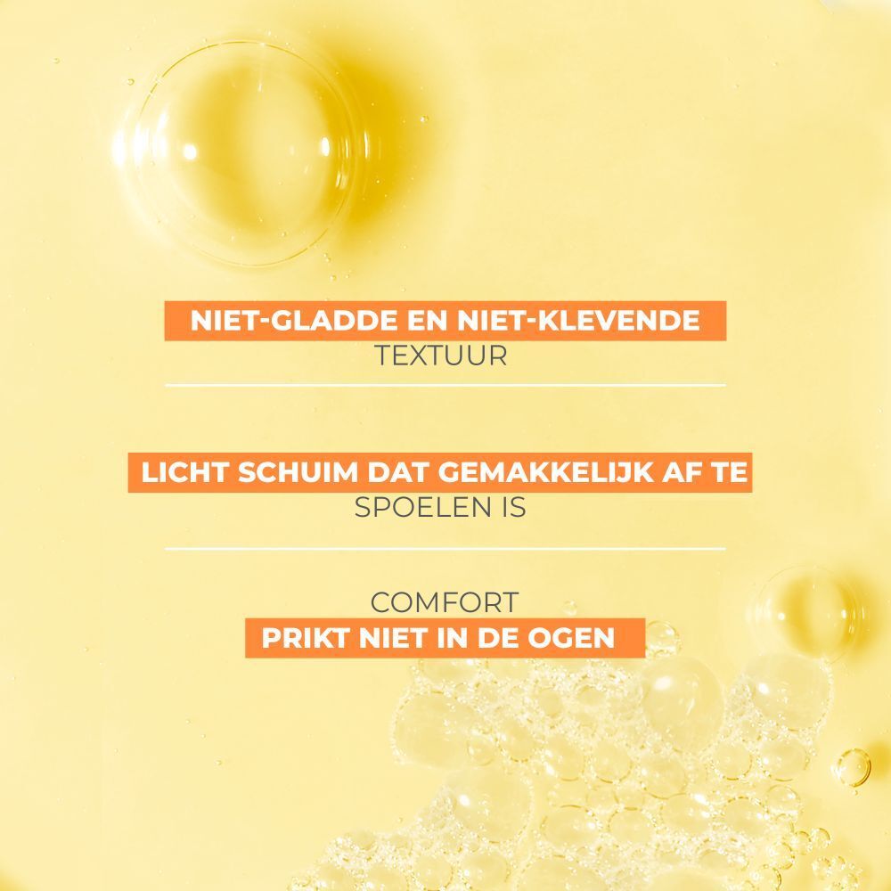 Textuur: Niet-gladde en niet-klevende. Lichte schuim die makkelijk af te spoelen is. Prikken niet in de ogen.