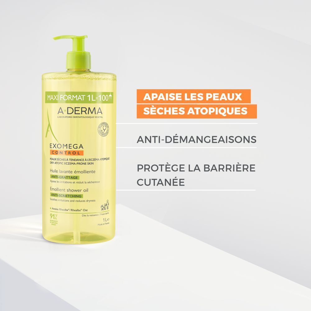 A-Derma EXOMEGA Control. Apaise les peaux sèches atopiques. Anti-démangeaisons. Protège la barrière cutanée.