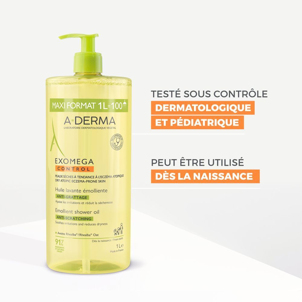 A-Derma EXOMEGA Control Huile lavante. Testé sous contrôle dermatologique et pédiatrique. Dès la naissance.