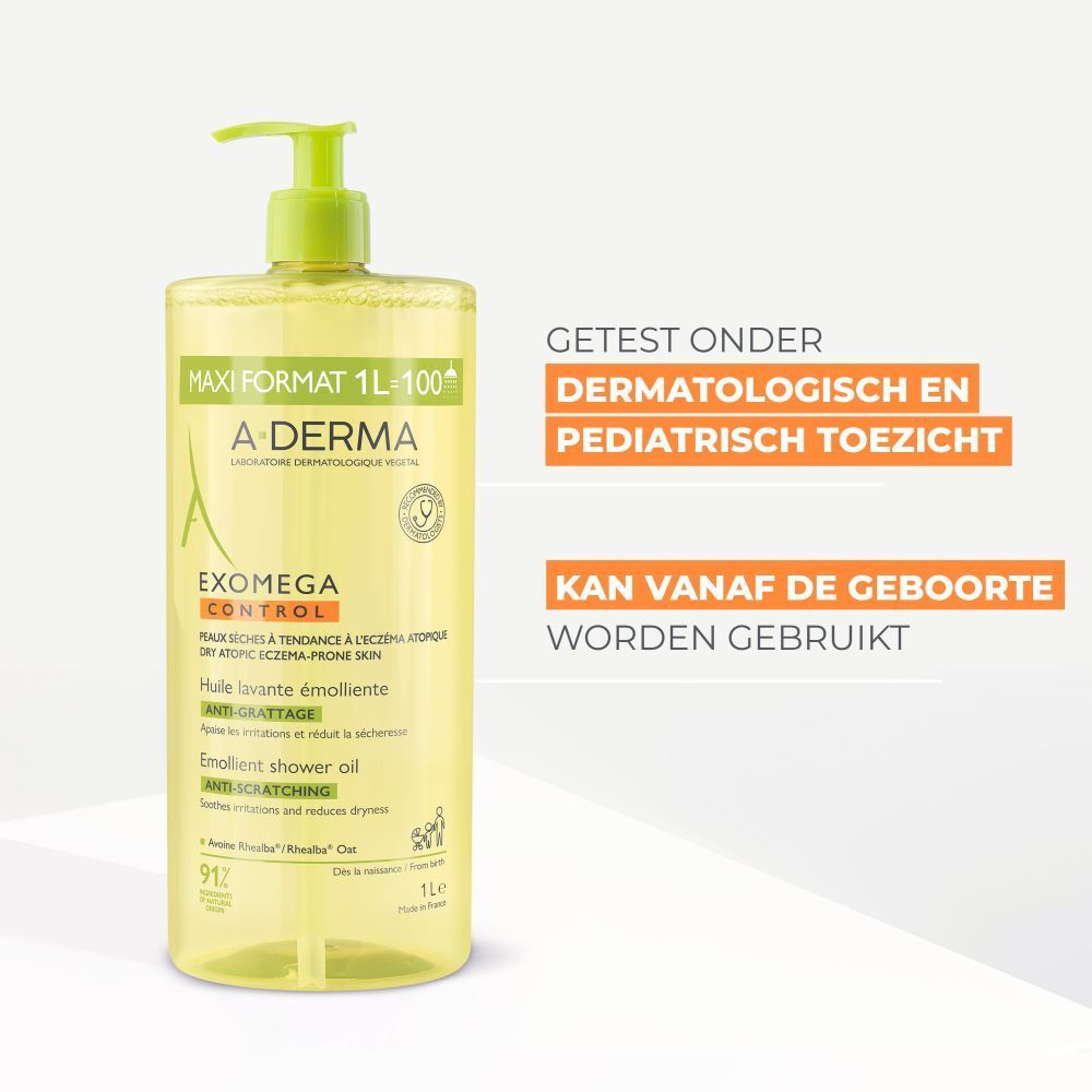 A-Derma EXOMEGA Control wasolie. Getest onder dermatologisch en pediatrisch toezicht. Kan vanaf de geboorte.