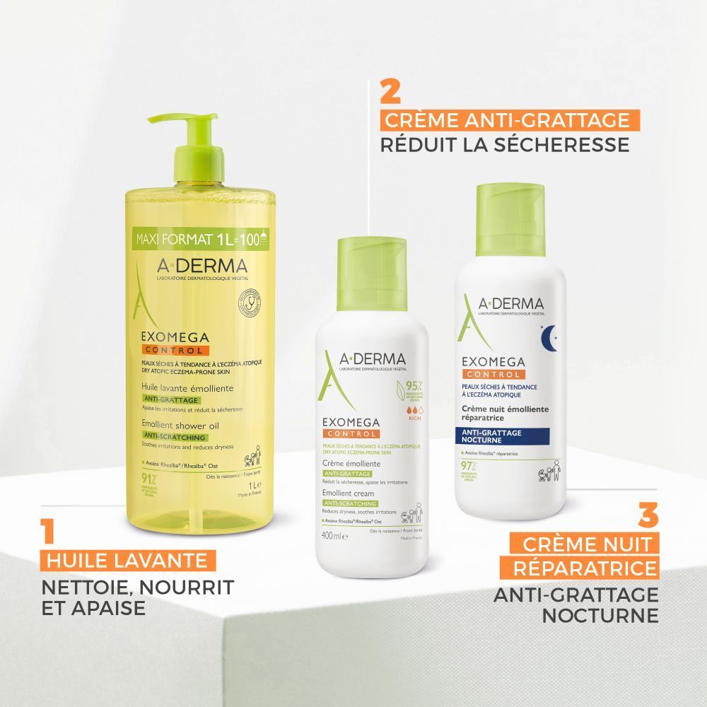 A-Derma EXOMEGA Control. 3 produits : Huile lavante, crème, crème nuit. Anti-grattage.