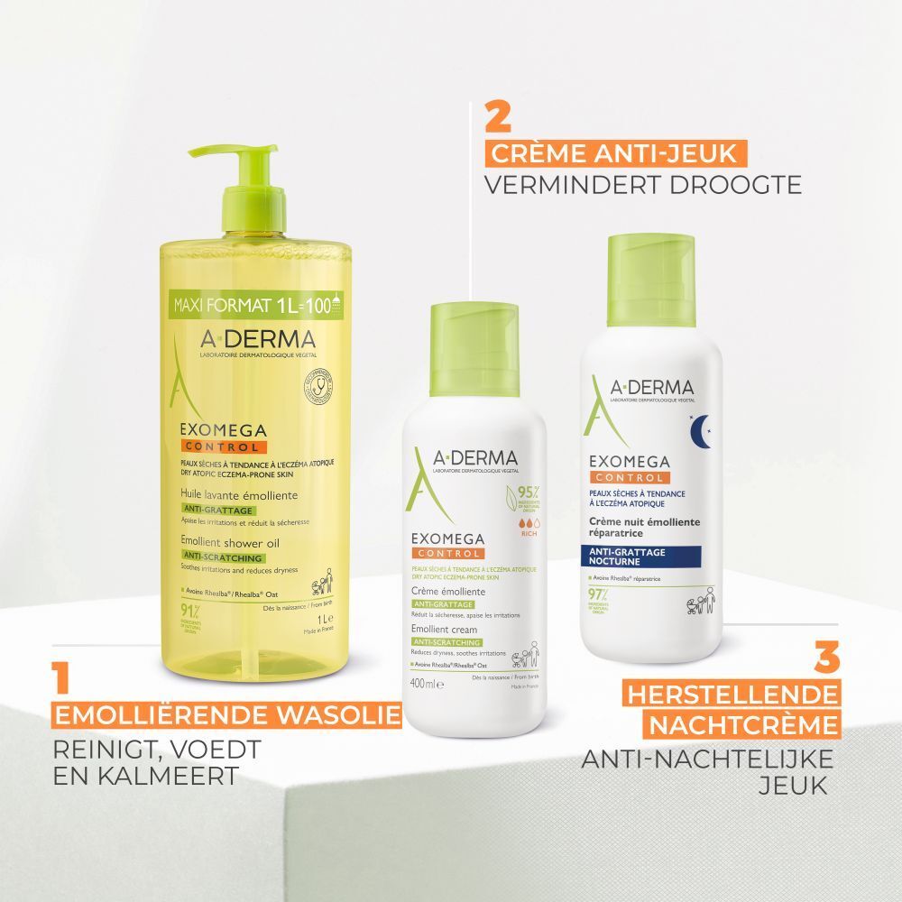 A-Derma EXOMEGA Control. 3 producten: wasolie, crème, nachtcrème. Anti-jeuk.