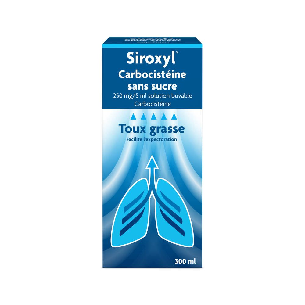 Boîte Siroxyl Carbocistéine sans sucre. 250 mg/5 ml solution buvable. Toux grasse. Facilite l'expectoration.