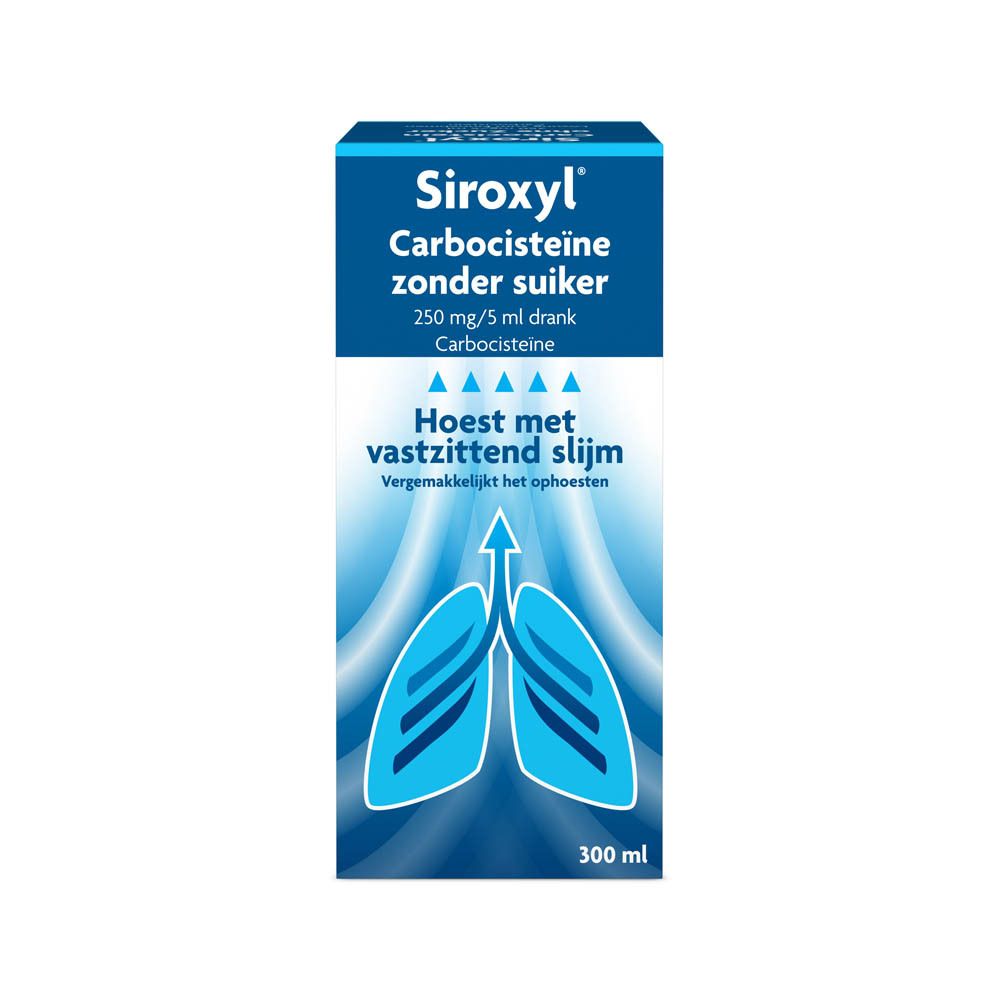 Doos Siroxyl Carbocisteïne zonder suiker. 250 mg/5 ml drank. Hoest met vastzittend slijm.