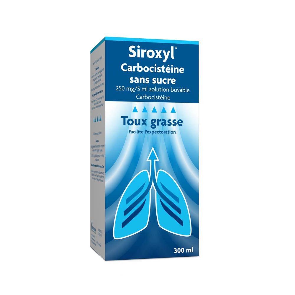 Boîte Siroxyl Carbocistéine sans sucre. 250 mg/5 ml solution buvable. Toux grasse. Facilite l'expectoration.