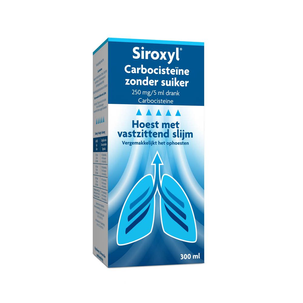 Doos Siroxyl Carbocisteïne zonder suiker. 250 mg/5 ml drank. Hoest met vastzittend slijm.