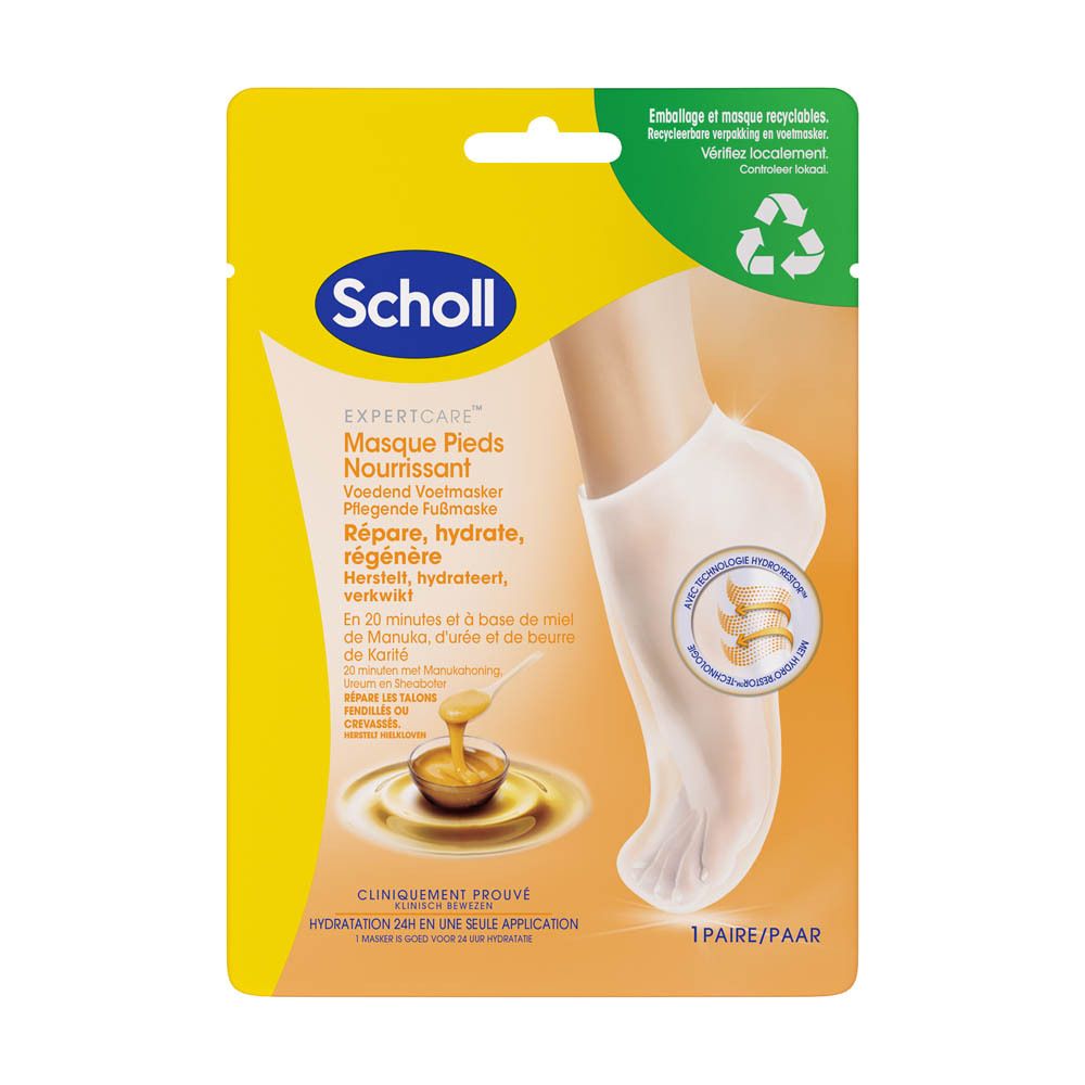 Verpakking met voetmasker. Opschrift: Scholl, ExpertCare, Masque Pieds Nourrissant. Afbeelding van een voet in het masker. Recycling symbool.