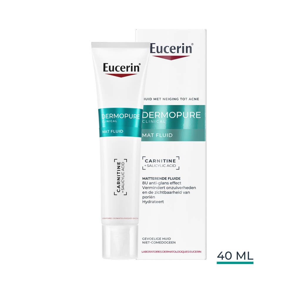 Eucerin Dermopure Clinical Mat Fluid en verpakking. Tube en doos.